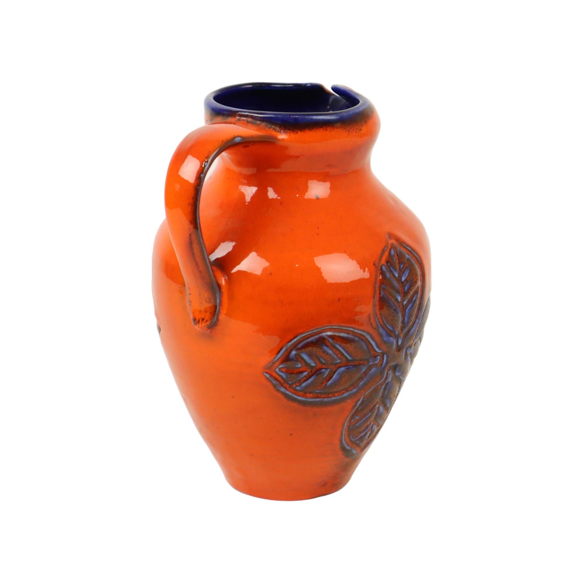 Ceramica Vaso d'epoca arancione e blu smaltato Germania Ovest Carstens 116-2L in vendita