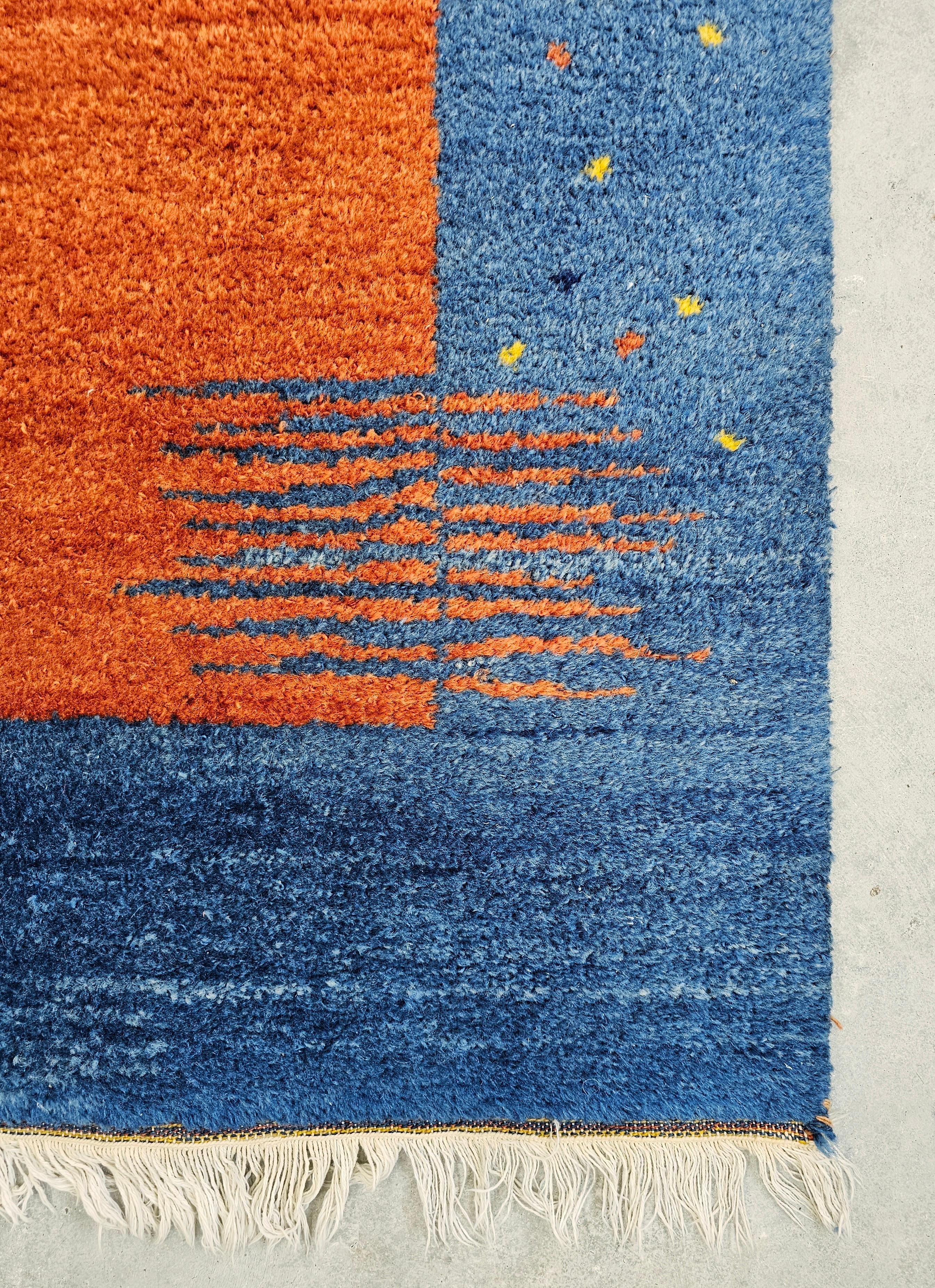 Tribal Vintage Orange and Blue Hand-knotted Gabbeh Rug, 100% wool, Iran 1970s For Sale