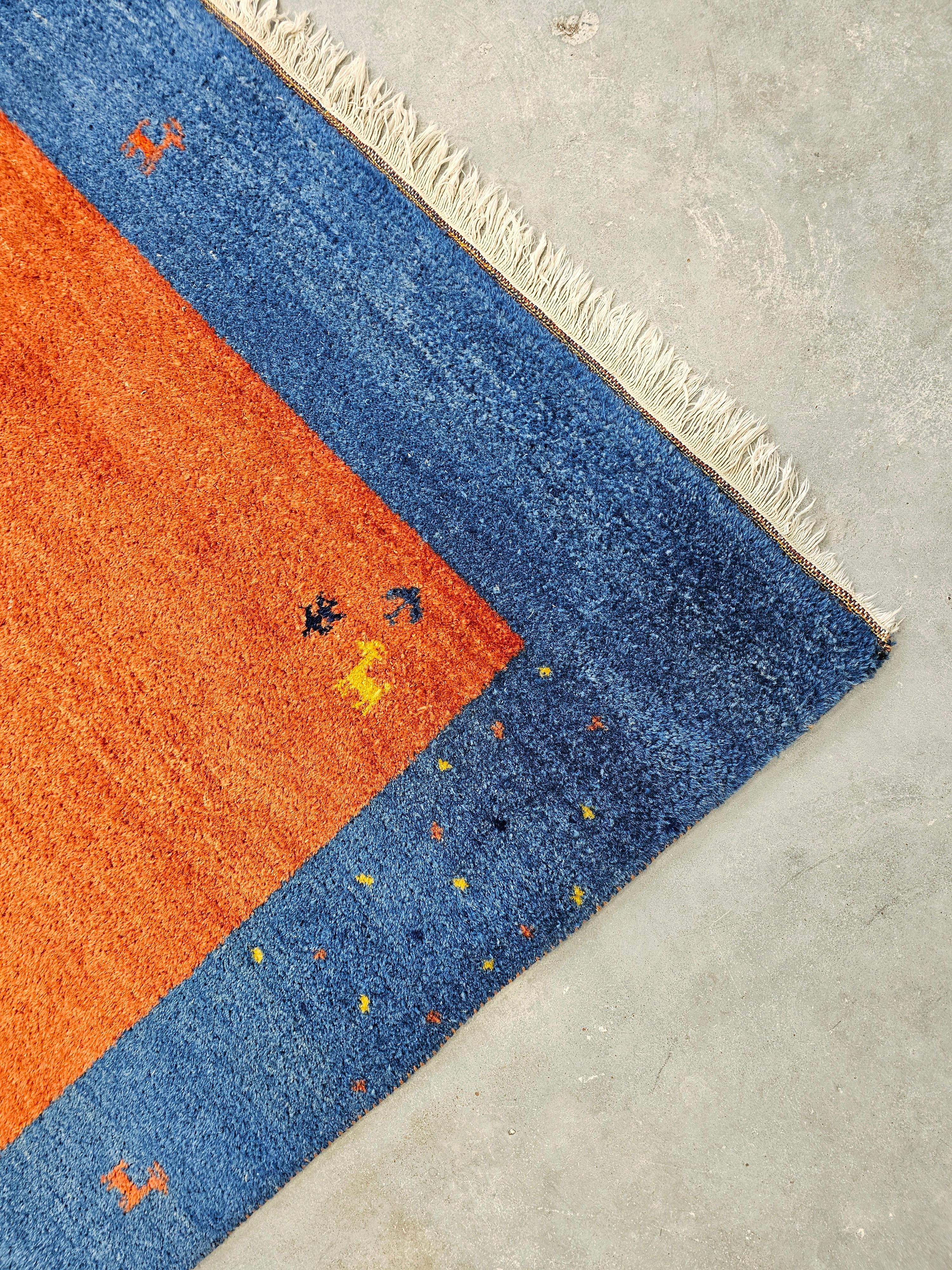 Persian Vintage Orange and Blue Hand-knotted Gabbeh Rug, 100% wool, Iran 1970s For Sale