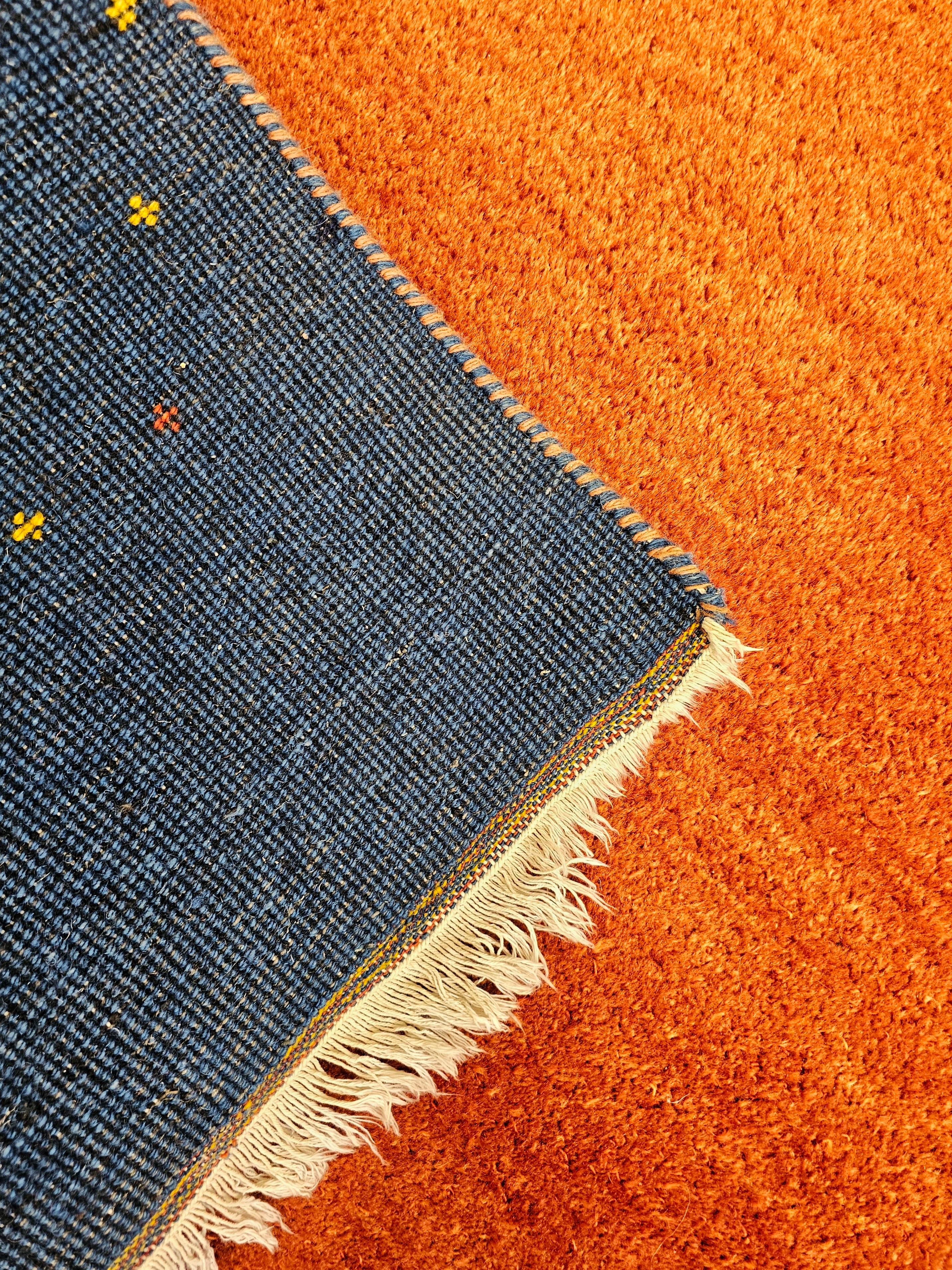 Vintage Orange and Blue Hand-knotted Gabbeh Rug, 100% wool, Iran 1970s In Good Condition For Sale In Beograd, RS
