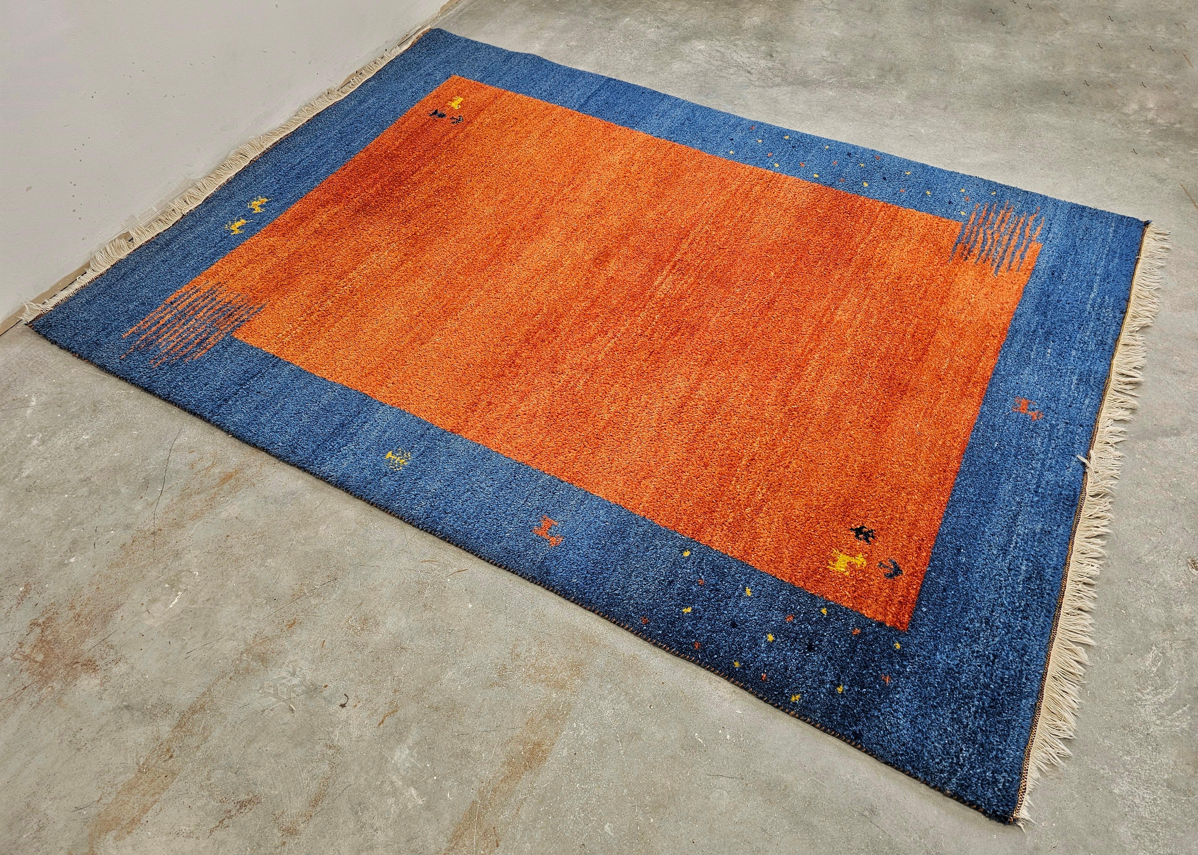 Late 20th Century Vintage Orange and Blue Hand-knotted Gabbeh Rug, 100% wool, Iran 1970s For Sale