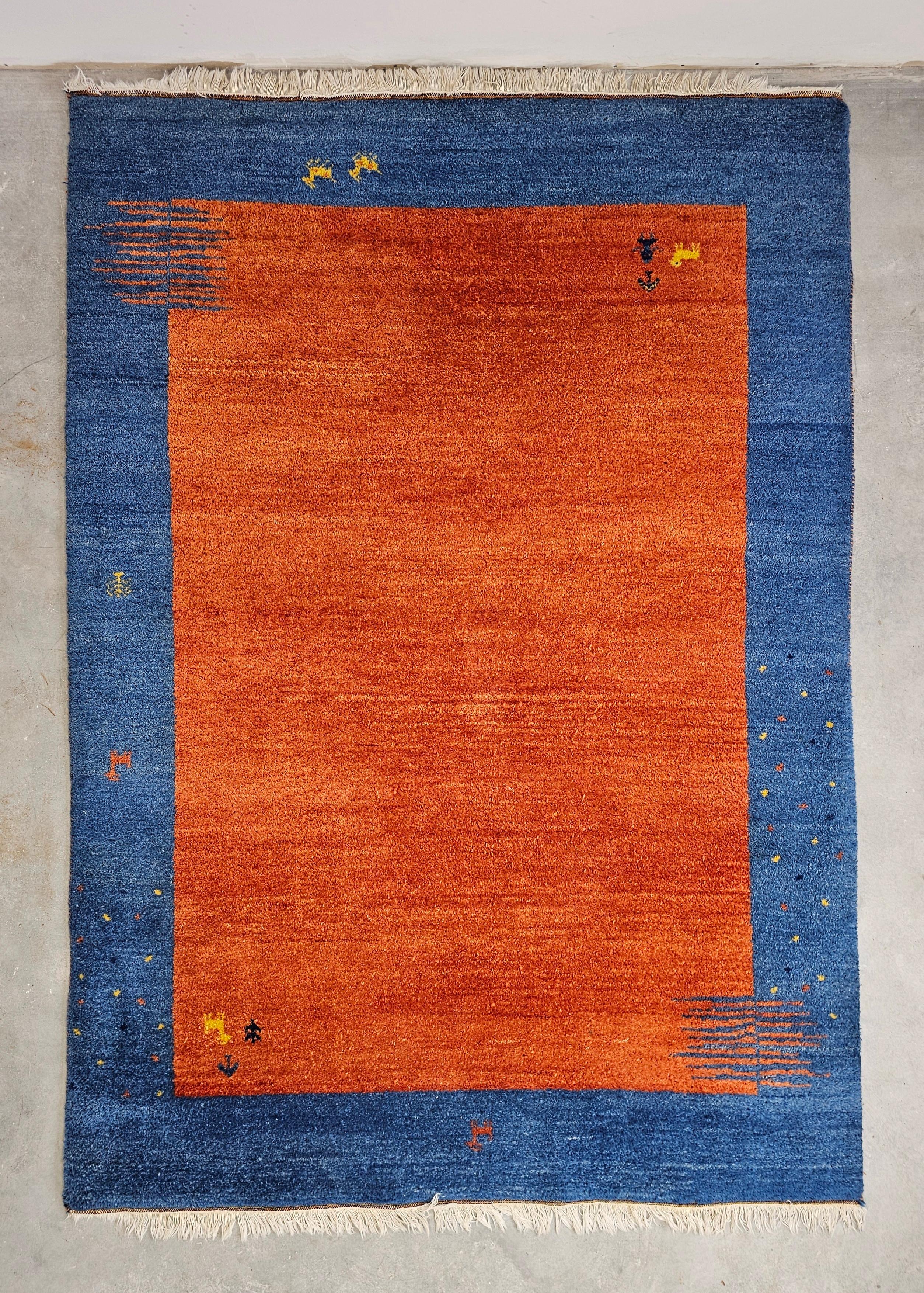 Wool Vintage Orange and Blue Hand-knotted Gabbeh Rug, 100% wool, Iran 1970s For Sale