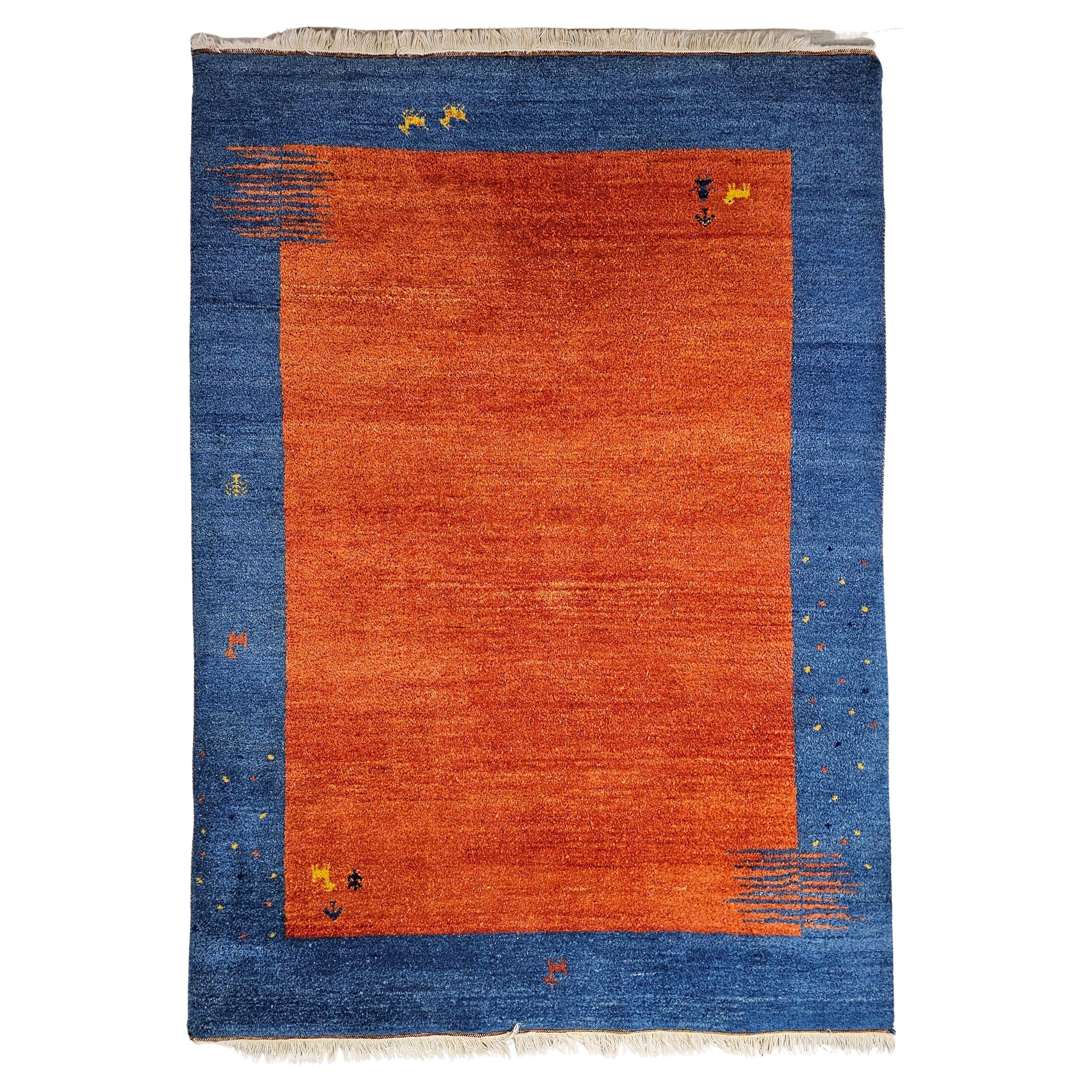 Vintage Orange and Blue Hand-knotted Gabbeh Rug, 100% wool, Iran 1970s For Sale