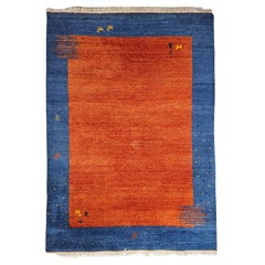 Vintage Orange and Blue Hand-knotted Gabbeh Rug, 100% wool, Iran 1970s