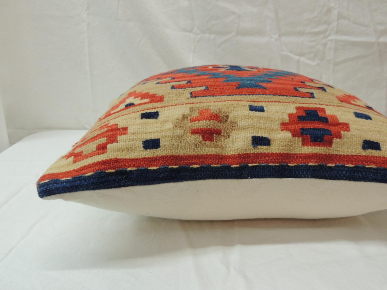 Hand-Crafted Vintage Orange and Blue Kilim Decorative Pillow