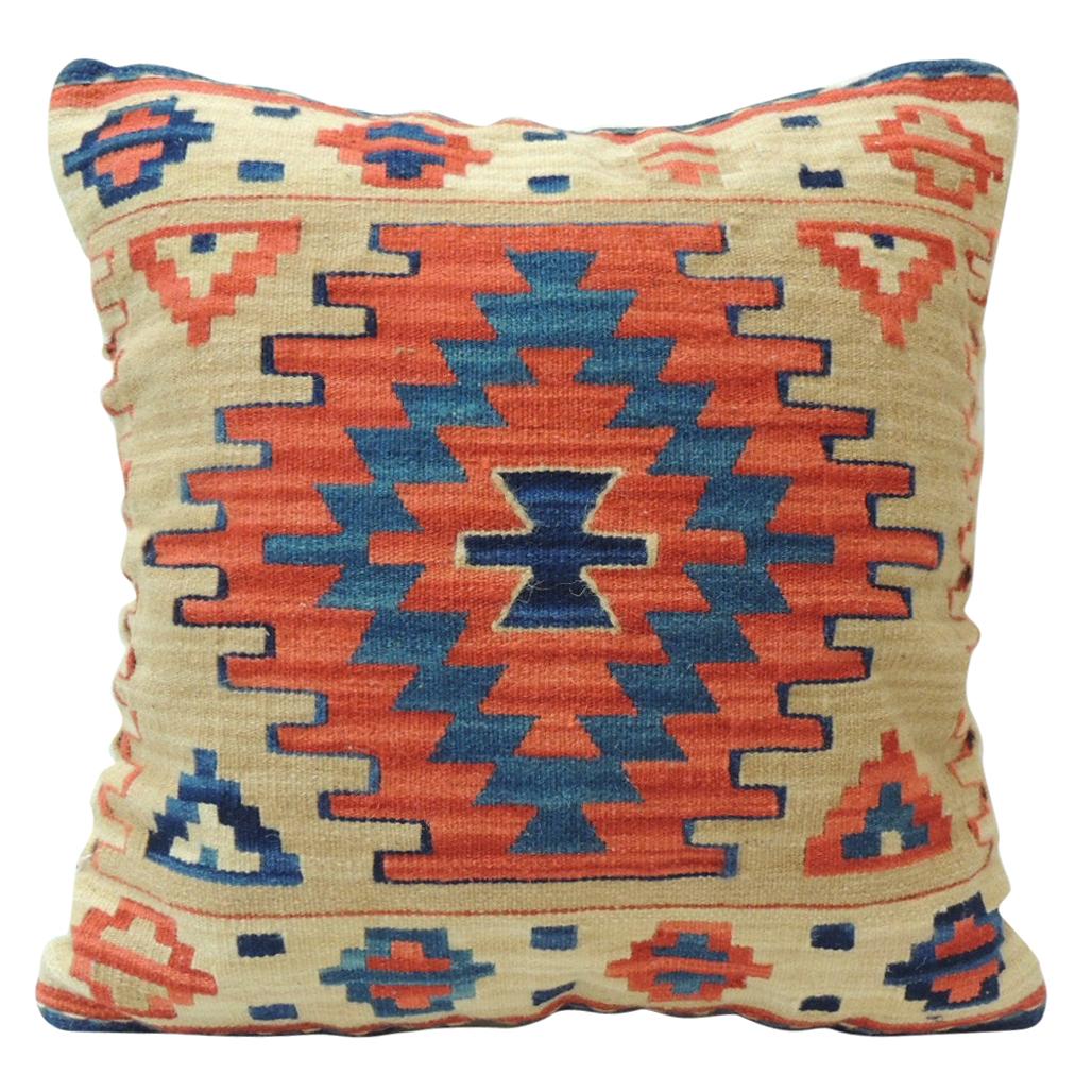 Vintage Orange and Blue Kilim Decorative Pillow