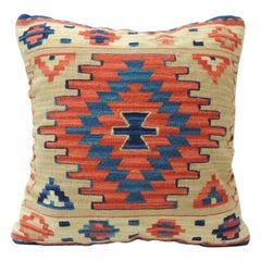 Vintage Orange and Blue Kilim Decorative Pillow