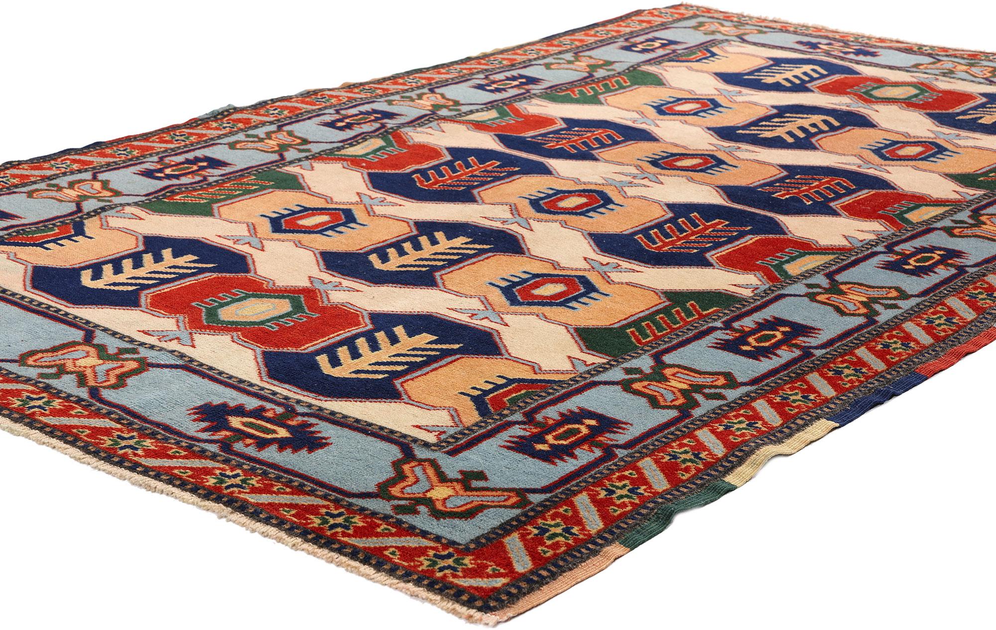 53923 Vintage Turkish Oushak Rug, 03'06 x 05'04. Hailing from the Western region of Oushak in Turkey, Turkish Oushak rugs have garnered widespread admiration for their intricate designs, gentle color palettes, and premium wool materials. Celebrated