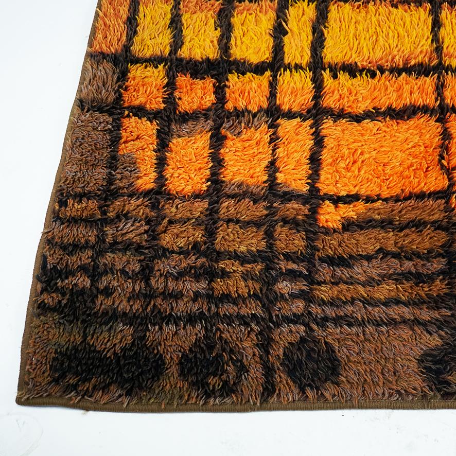 Mid-Century Modern Vintage Orange and Brown Danish Modern 1960s Wool Rya Rug