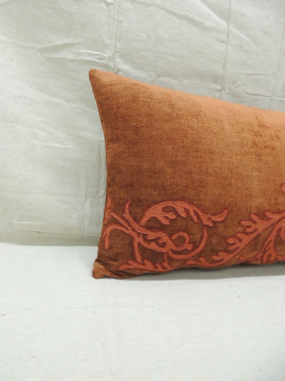 Vintage orange and brown embroidery bolster decorative pillow.
Suzani style embroidery, chenille texture solid textile same as backing.
Decorative pillow handcrafted and designed in the USA.
Closure by stitch (no zipper closure) with custom made