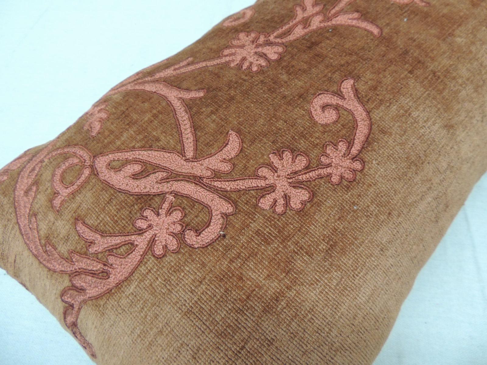 Vintage Orange and Brown Embroidery Bolster Decorative Pillow In Good Condition In Oakland Park, FL