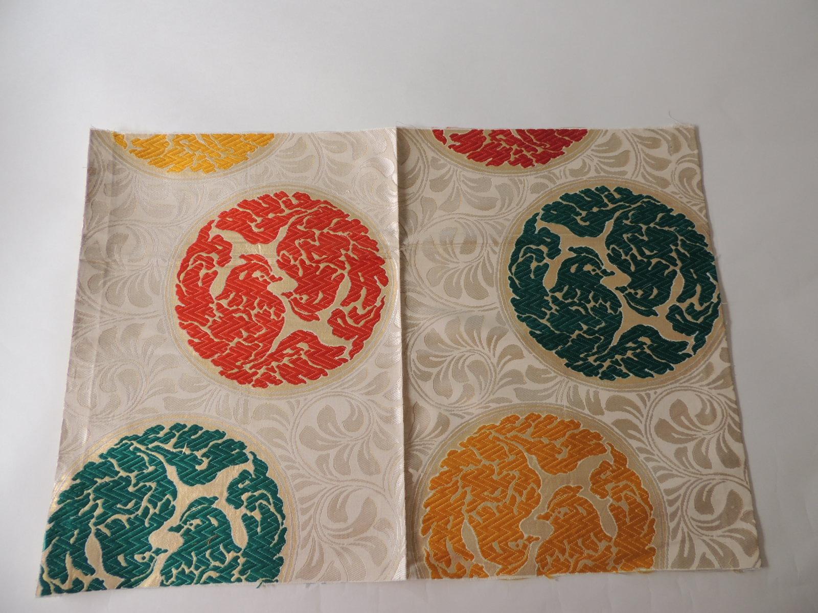 Japonisme Vintage Orange and Green Silk Obi Textile with Medallions Fragment