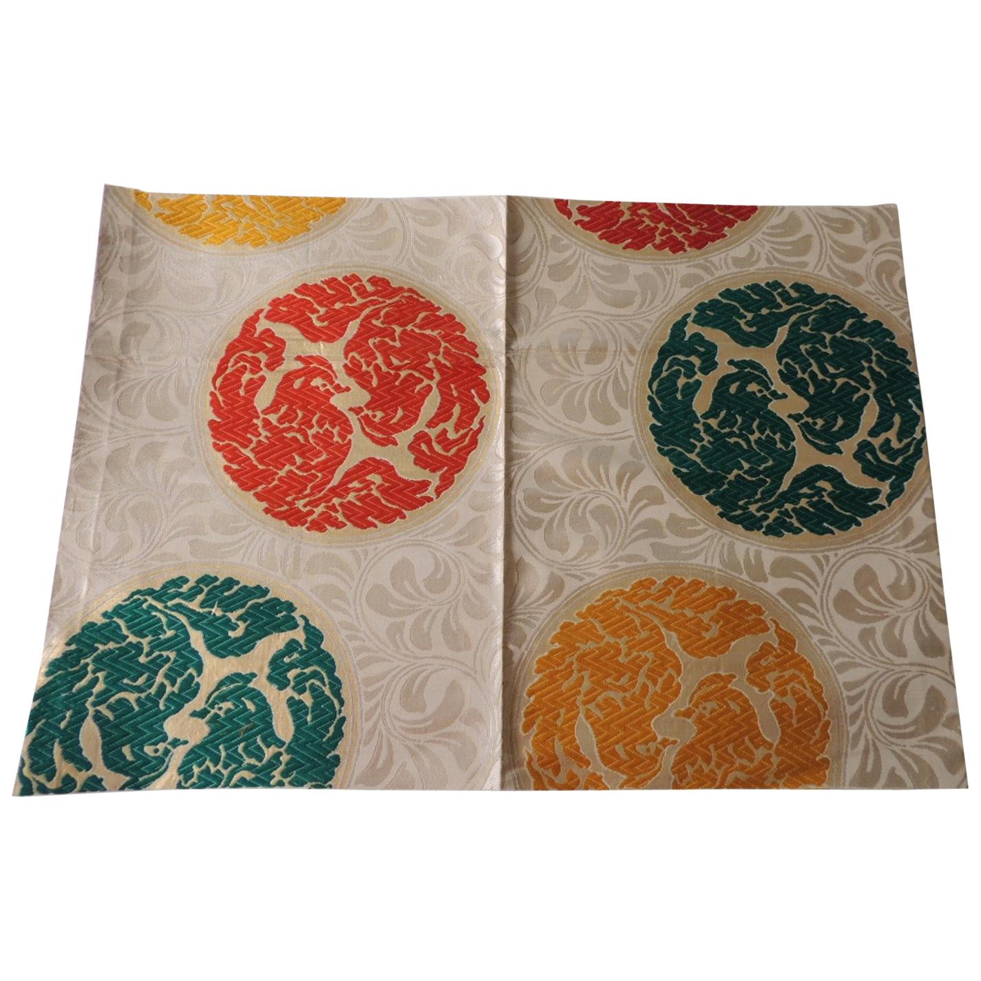 Vintage Orange and Green Silk Obi Textile with Medallions Fragment