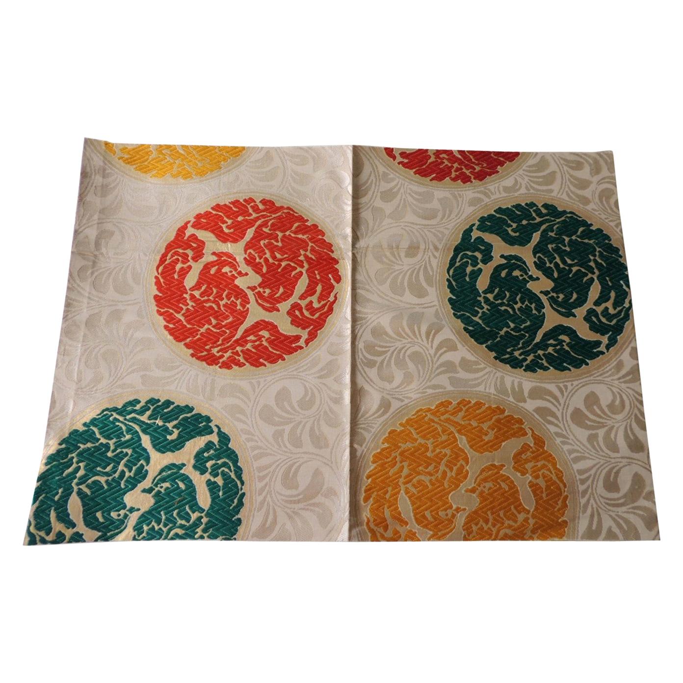 Vintage Orange and Green Silk Obi Textile with Medallions Fragment