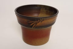 Vintage Orange and Red Ceramic Planter With Botanical Relief by Deanna Nichols