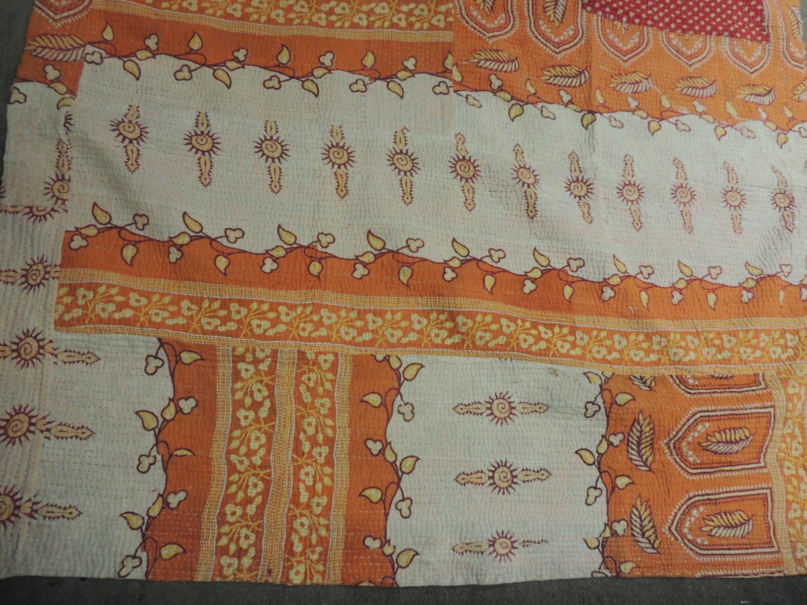Vintage Orange and Red Hand Quilted Indian Throw 3