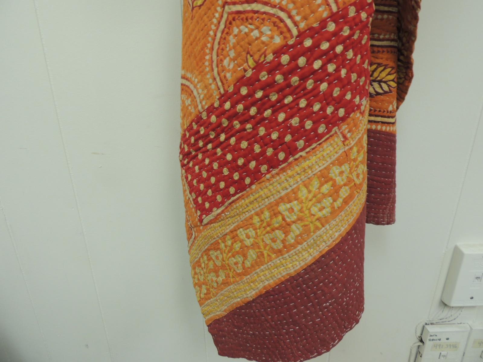 Hand-Crafted Vintage Orange and Red Hand Quilted Indian Throw