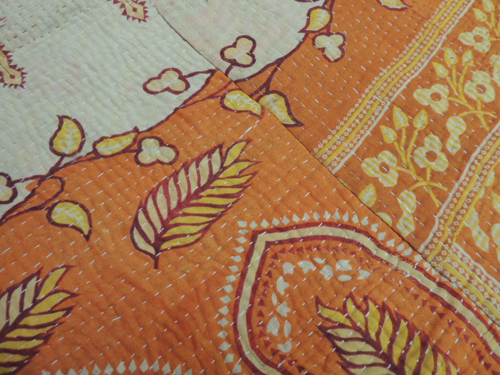 Vintage Orange and Red Hand Quilted Indian Throw 2