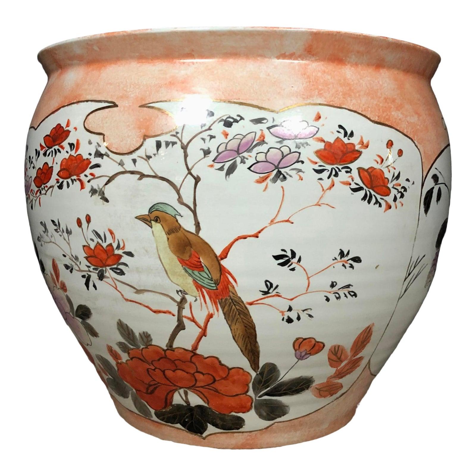 Vintage Orange and White Porcelain Japanese Fish Bowl Planter 5