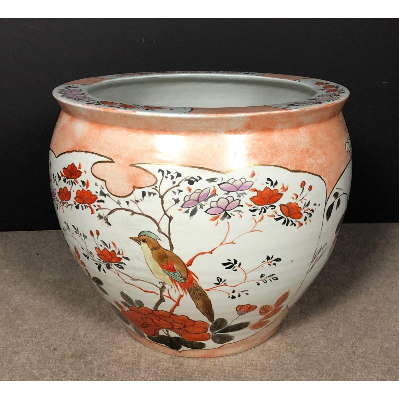 Vintage Orange and White Porcelain Japanese Fish Bowl Planter In Good Condition In Norwood, NJ
