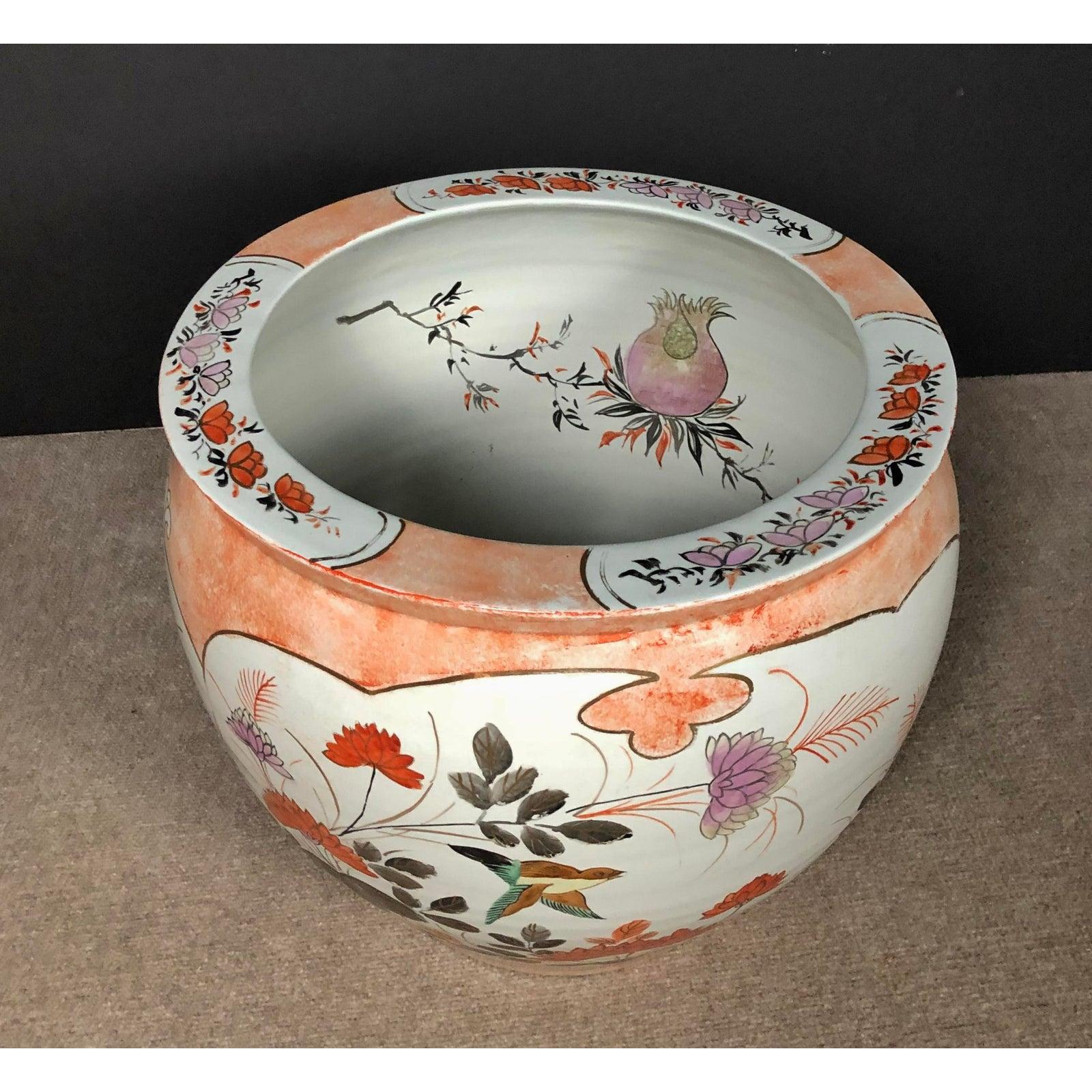 20th Century Vintage Orange and White Porcelain Japanese Fish Bowl Planter