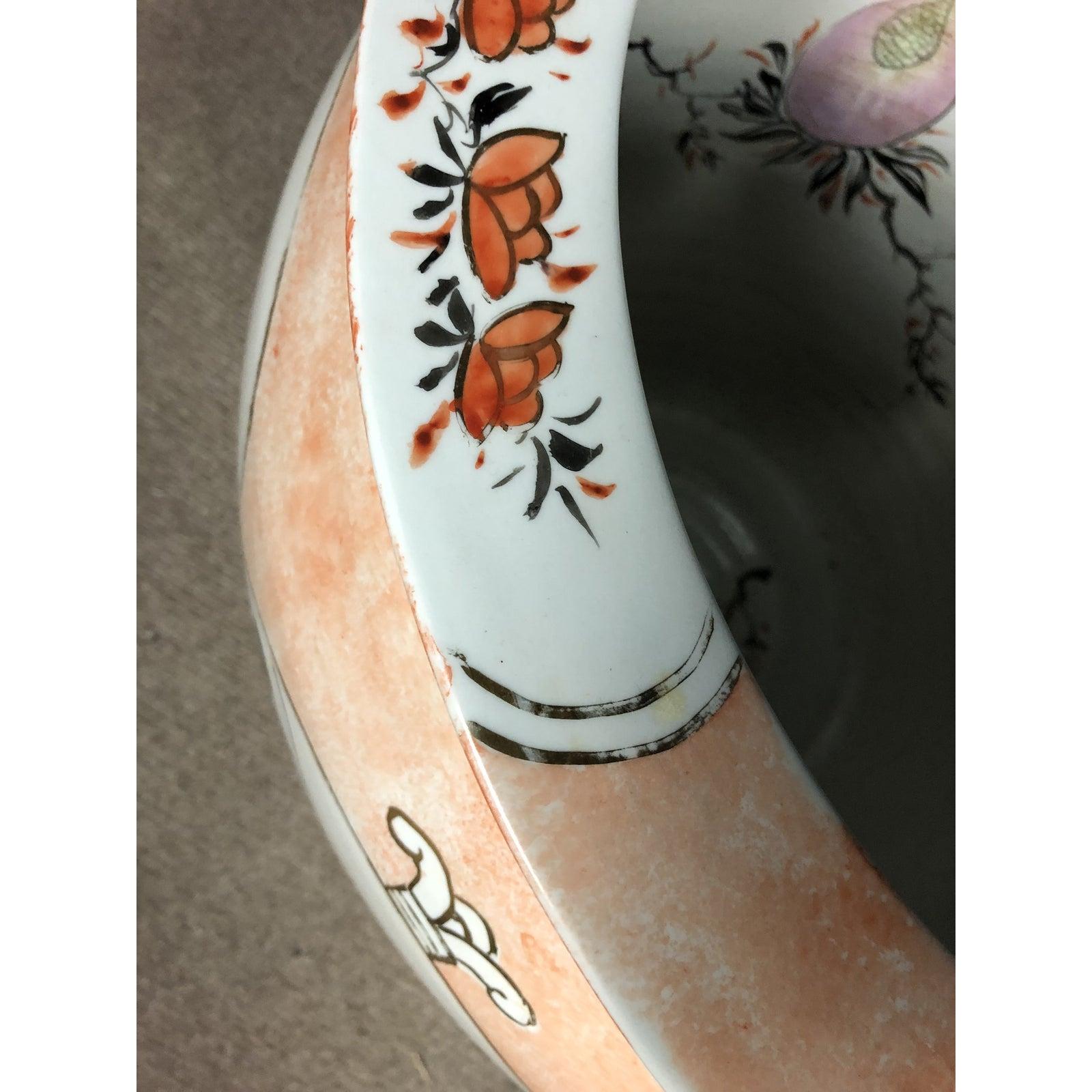 Ceramic Vintage Orange and White Porcelain Japanese Fish Bowl Planter