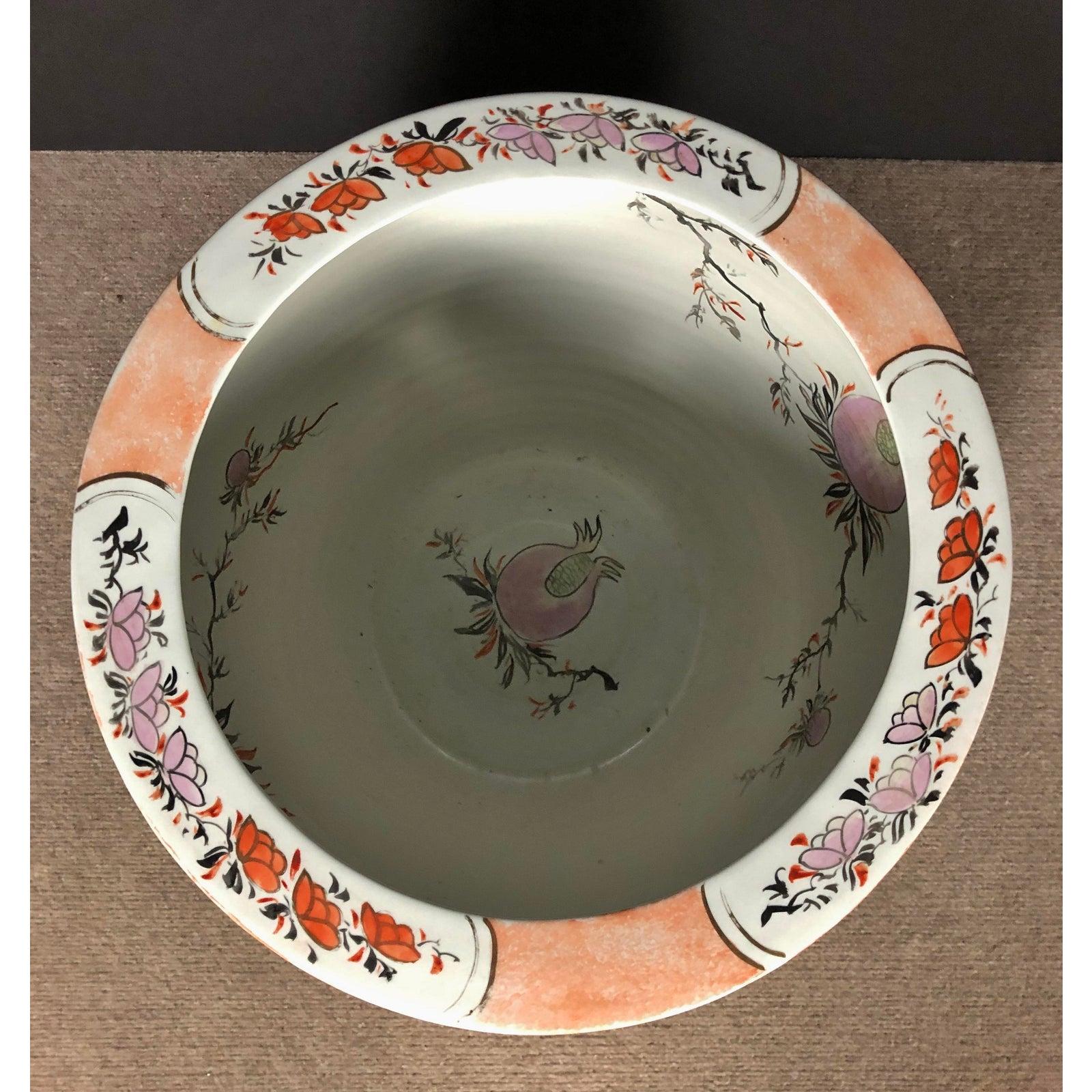 Vintage Orange and White Porcelain Japanese Fish Bowl Planter 1