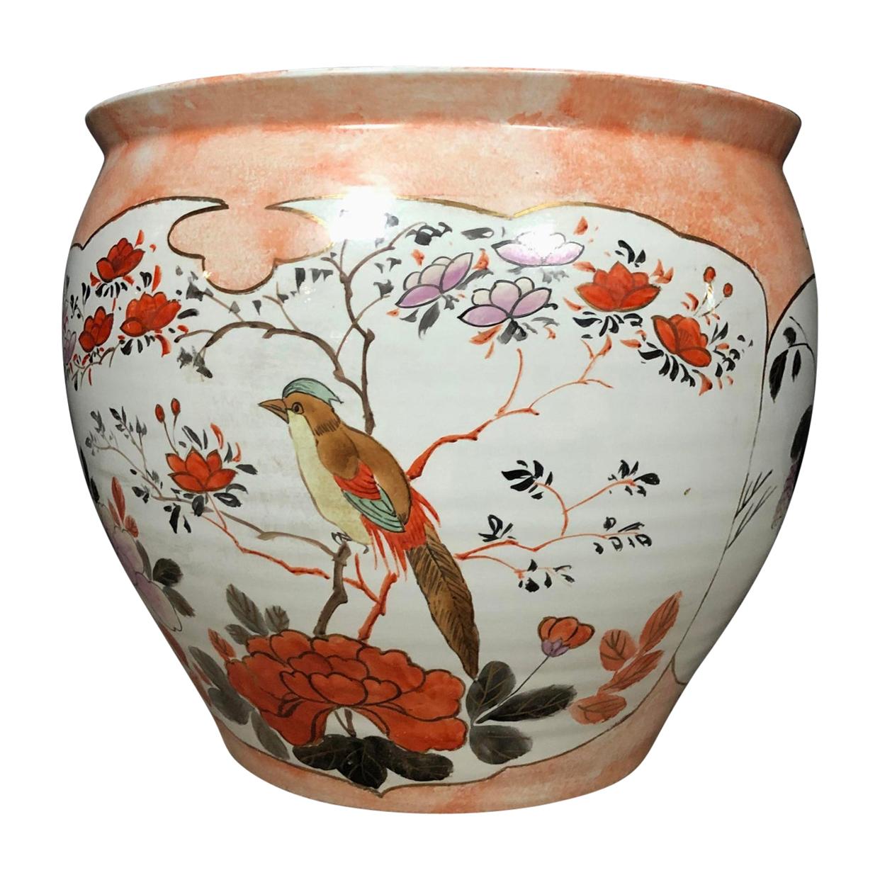 Vintage Orange and White Porcelain Japanese Fish Bowl Planter