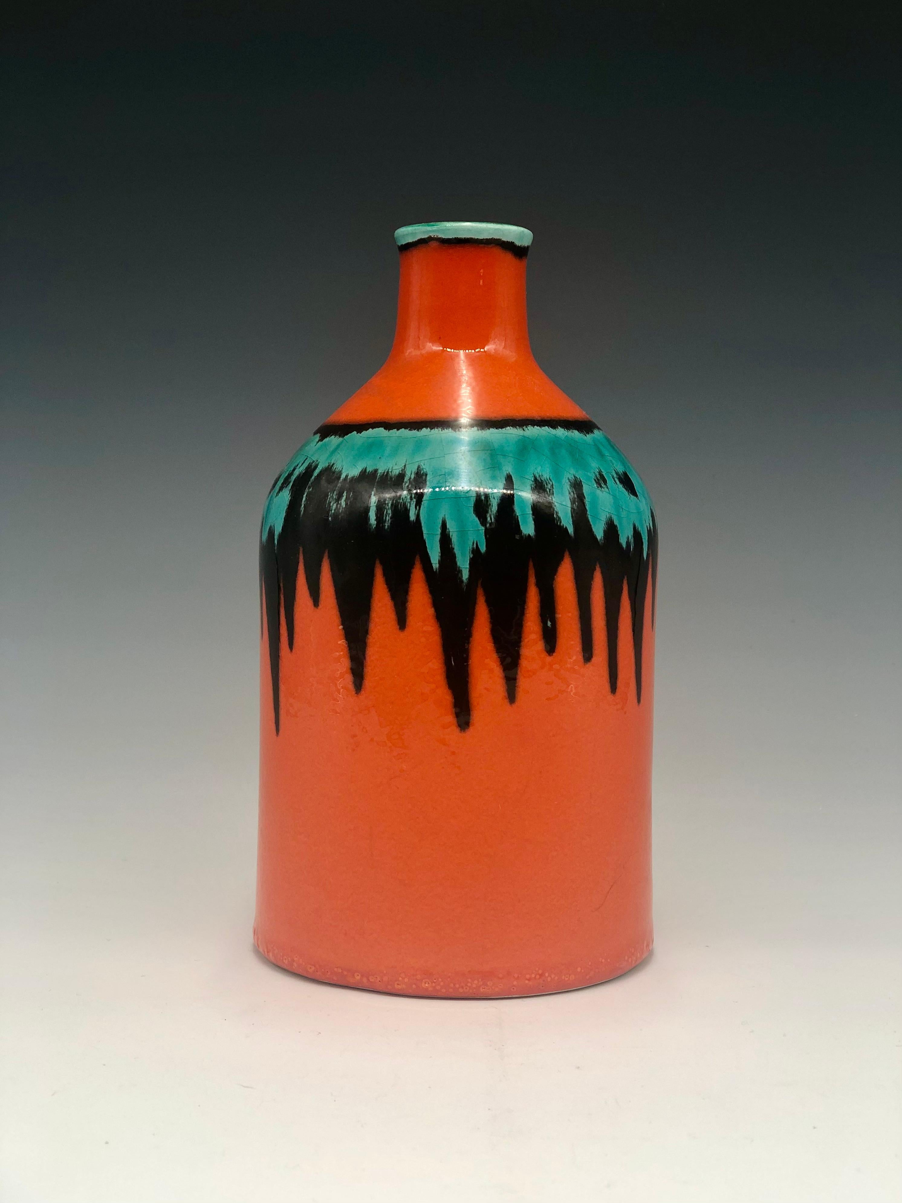 Modern Vintage Orange Black and Aqua Green Ceramic Vase by Cortendorf, West Germany For Sale