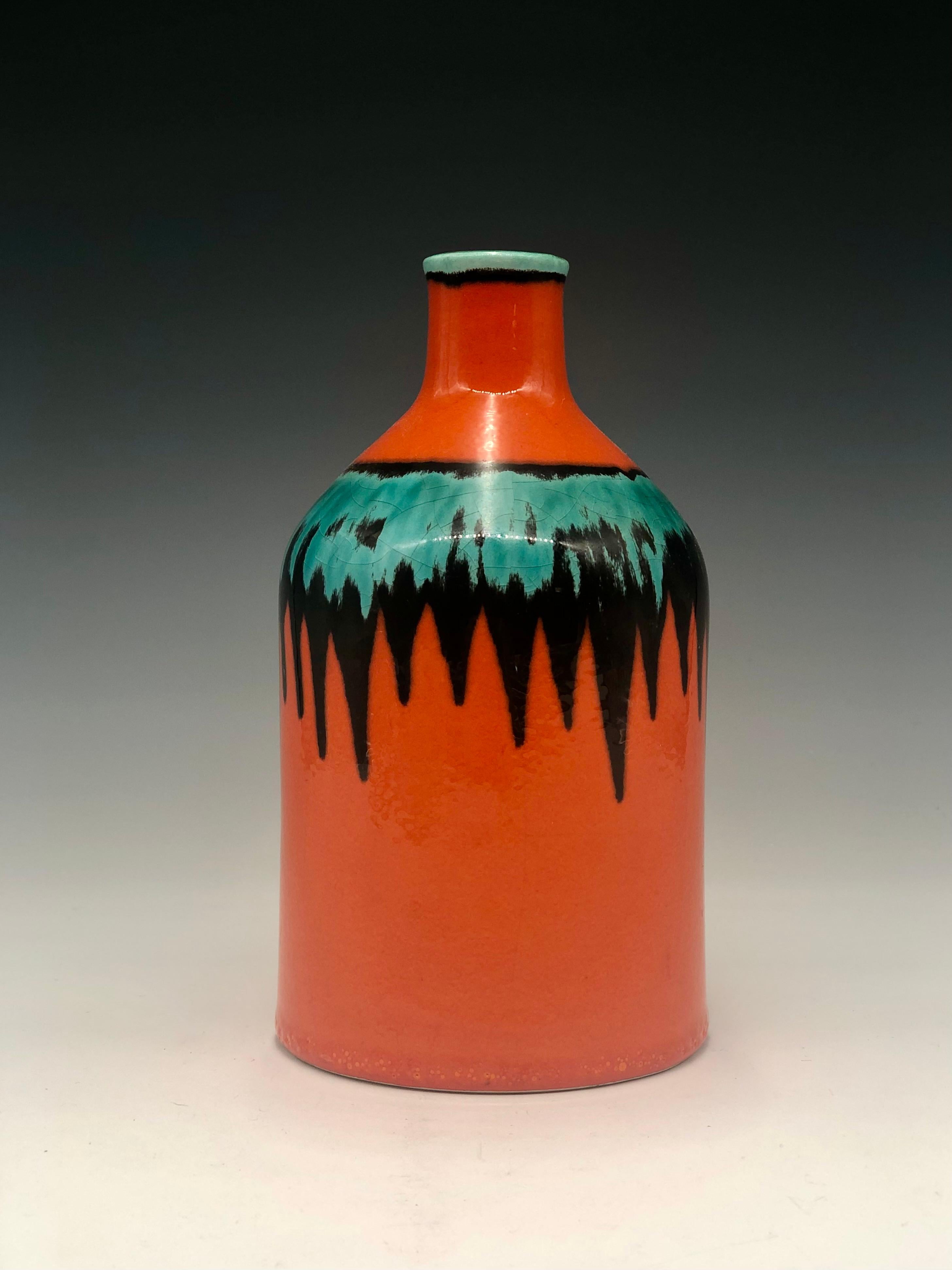 Mid-Century moderno Vaso d'epoca in ceramica arancione, nera e verde acqua di Cortendorf, Germania Ovest in vendita