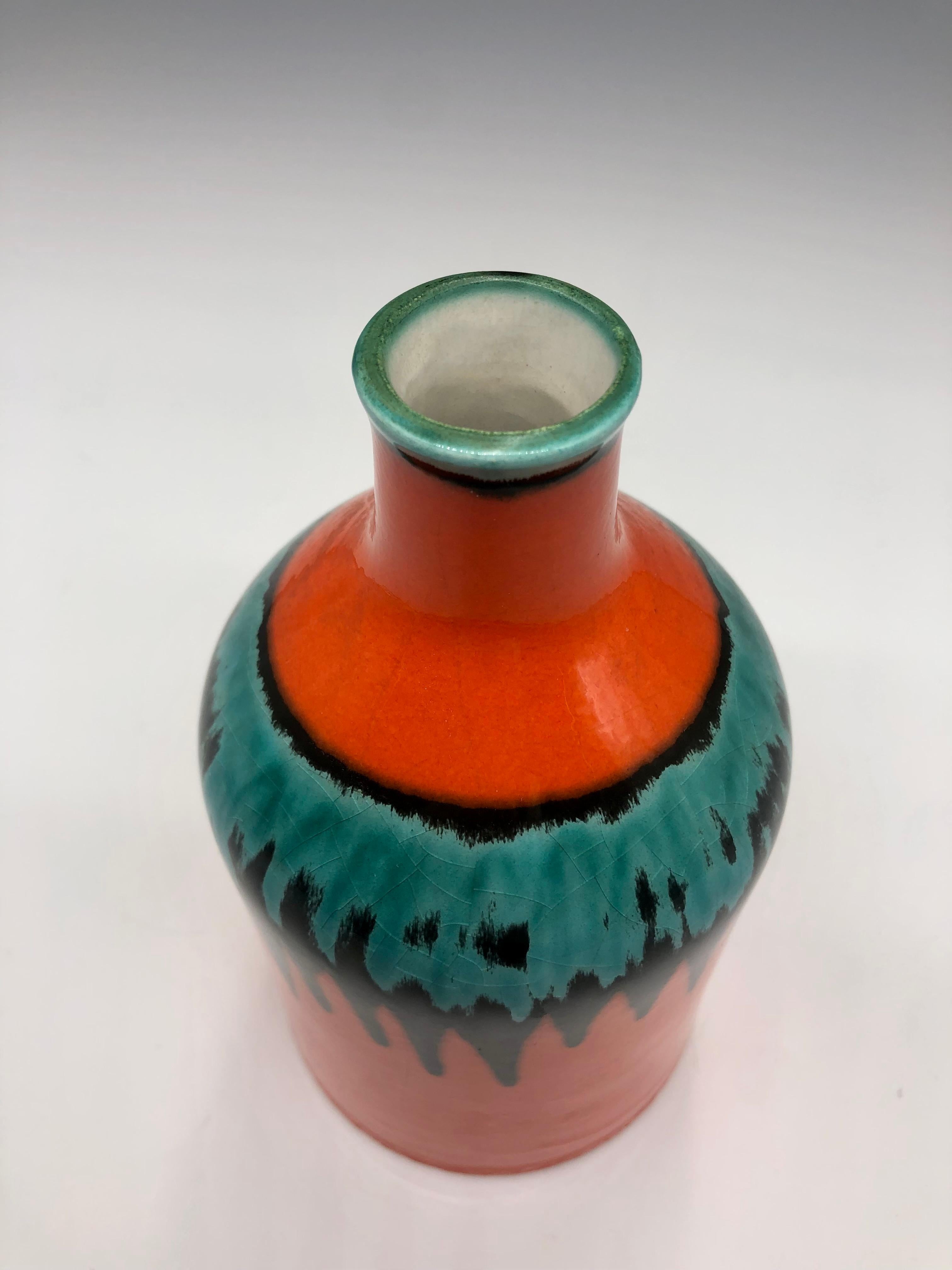 20th Century Vintage Orange Black and Aqua Green Ceramic Vase by Cortendorf, West Germany For Sale