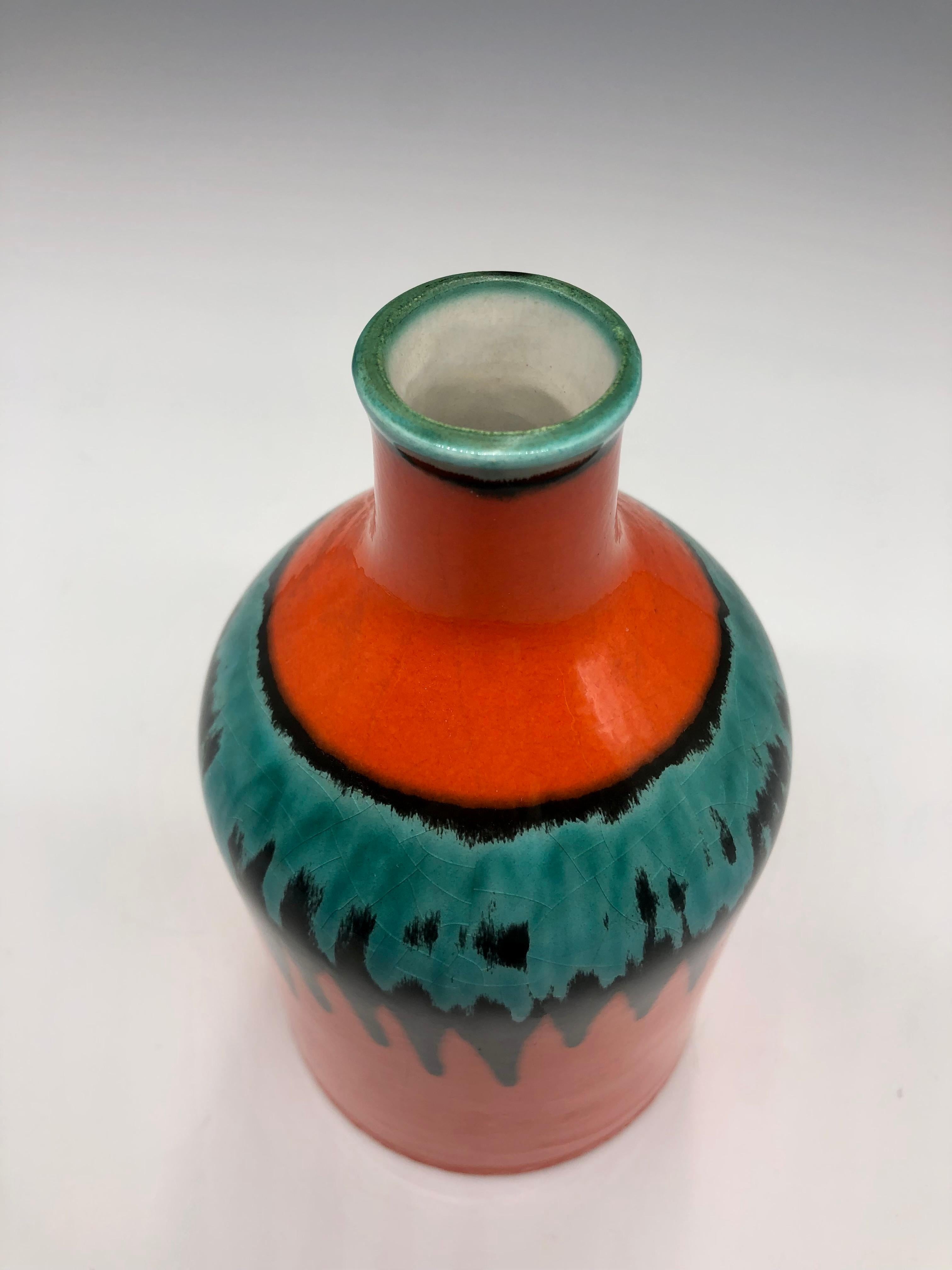 Ceramica Vaso d'epoca in ceramica arancione, nera e verde acqua di Cortendorf, Germania Ovest in vendita