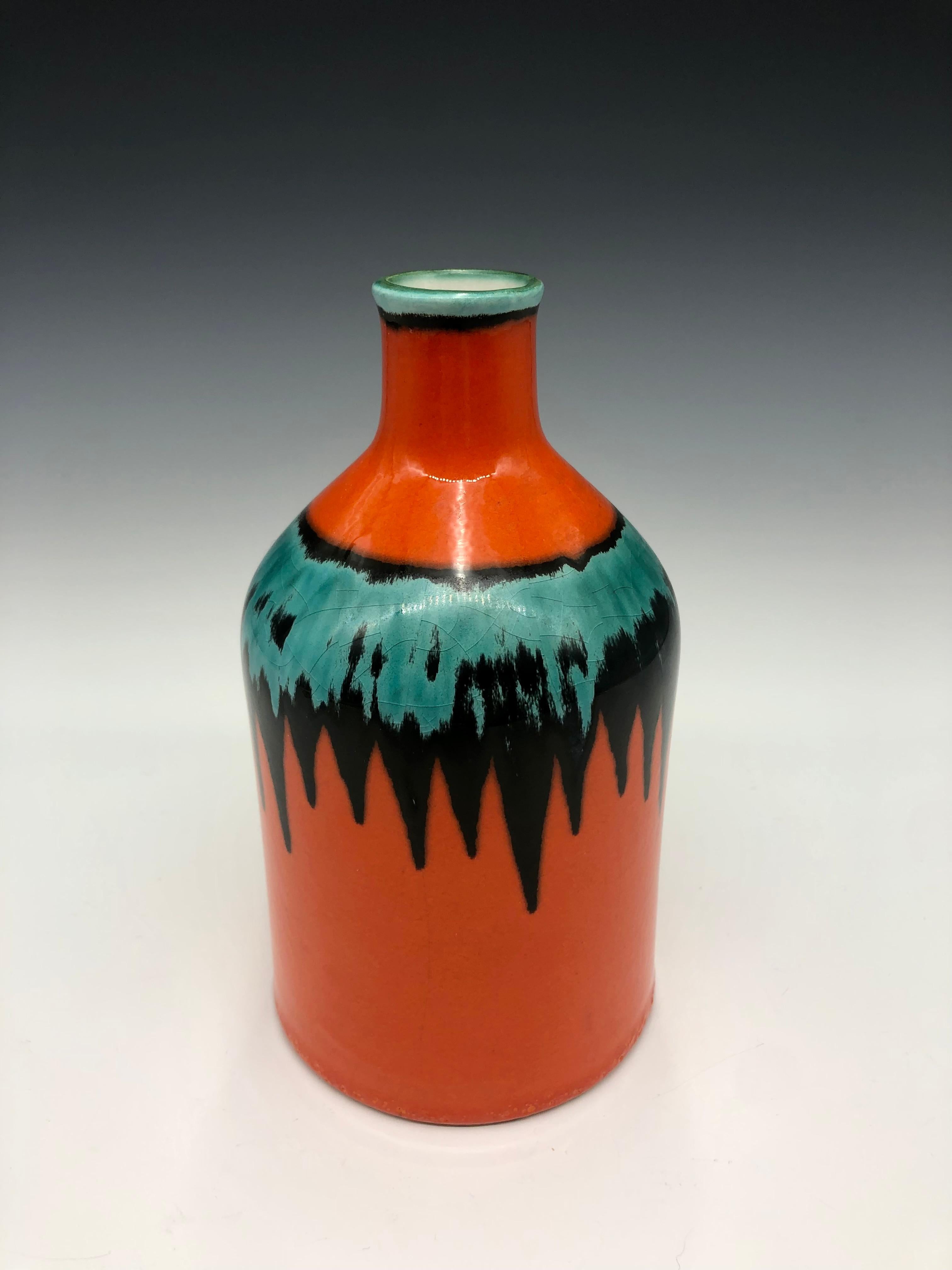 Vintage Orange Black and Aqua Green Ceramic Vase by Cortendorf, West Germany For Sale 3