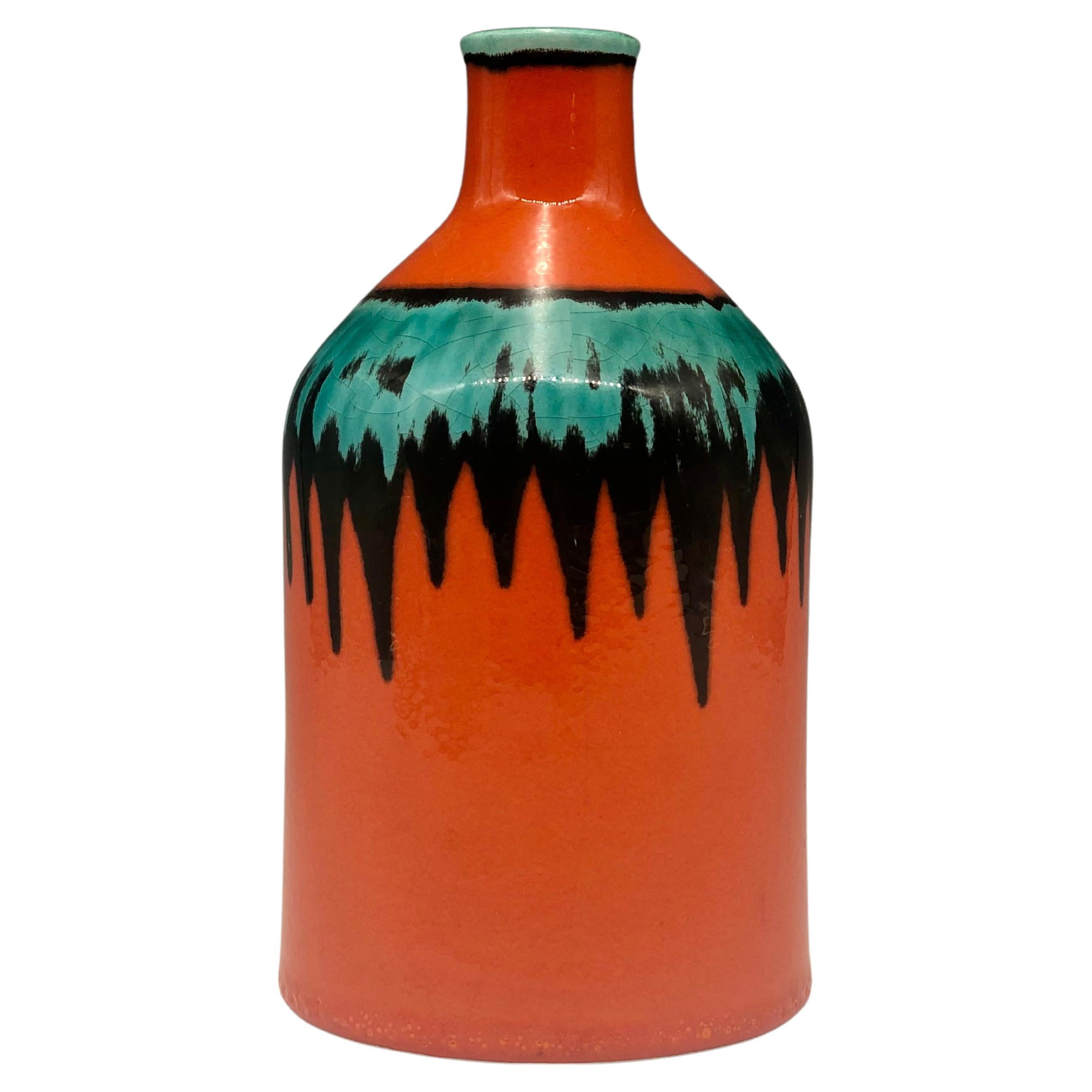 Vintage Orange Black and Aqua Green Ceramic Vase by Cortendorf, West Germany For Sale