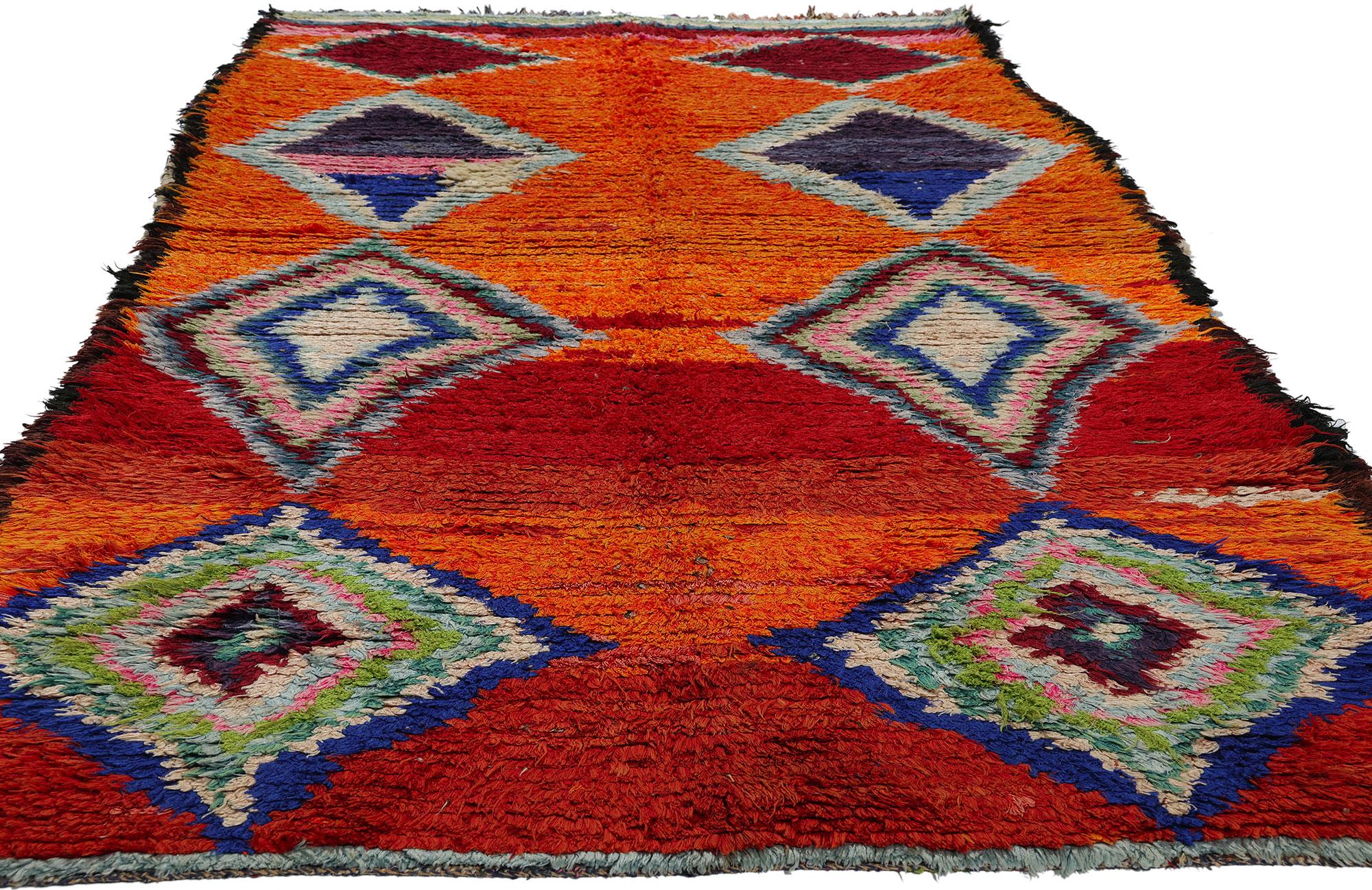 Bohemian Vintage Orange Boujad Moroccan Rug, Bold Boho Chic Meets Nomadic Charm For Sale
