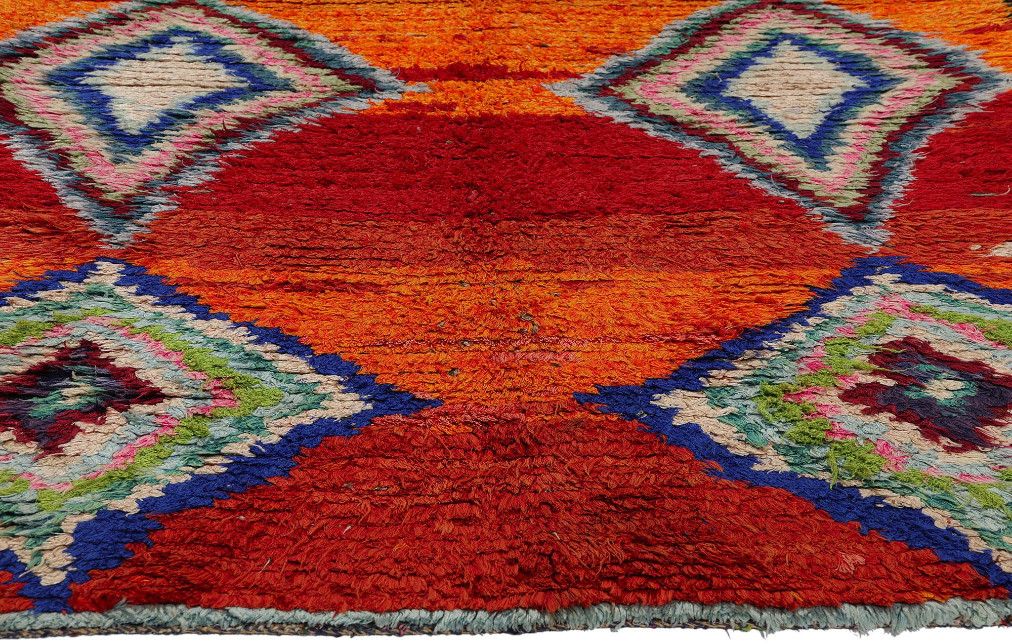 Hand-Knotted Vintage Orange Boujad Moroccan Rug, Bold Boho Chic Meets Nomadic Charm For Sale