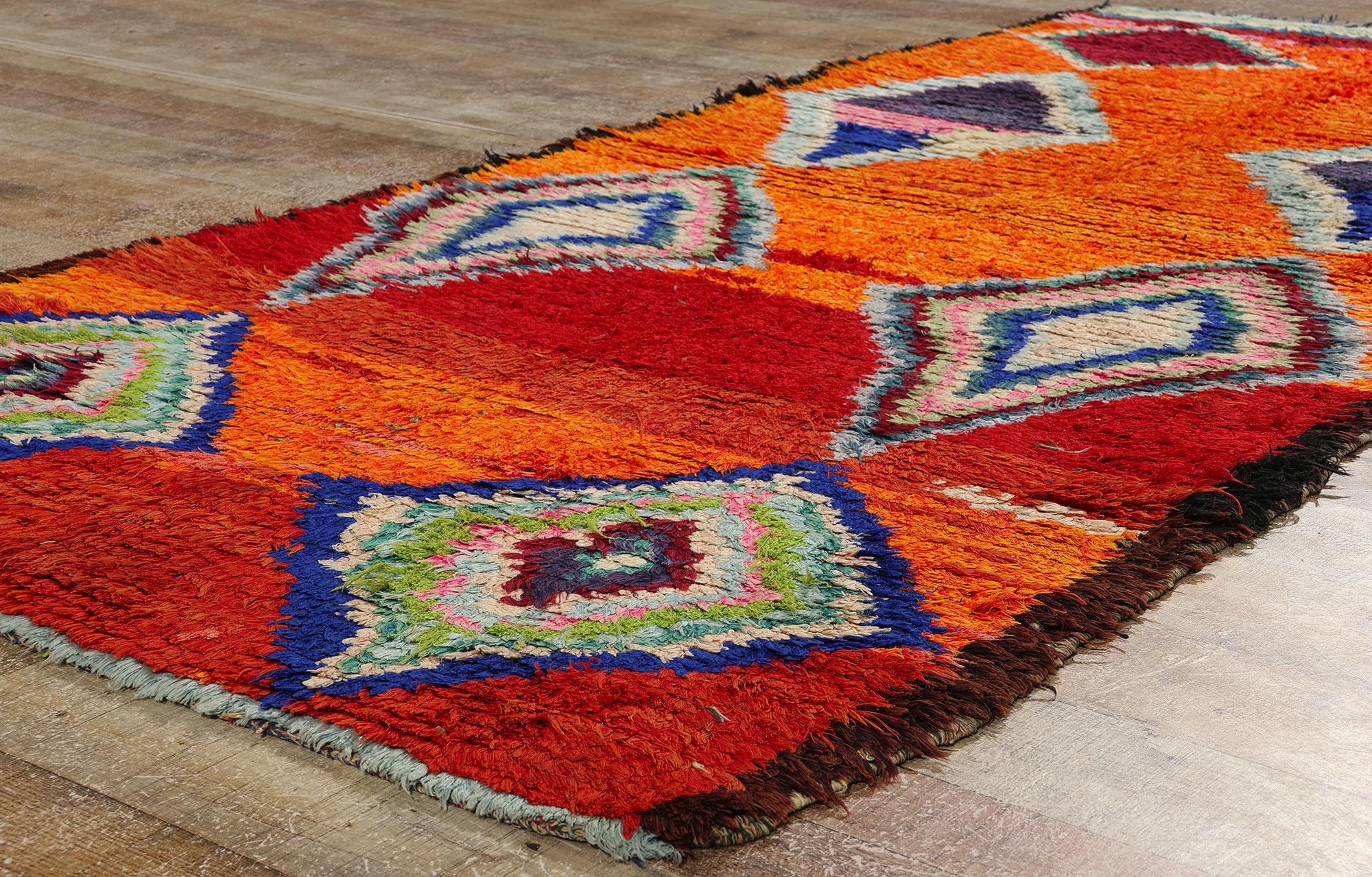 Wool Vintage Orange Boujad Moroccan Rug, Bold Boho Chic Meets Nomadic Charm For Sale