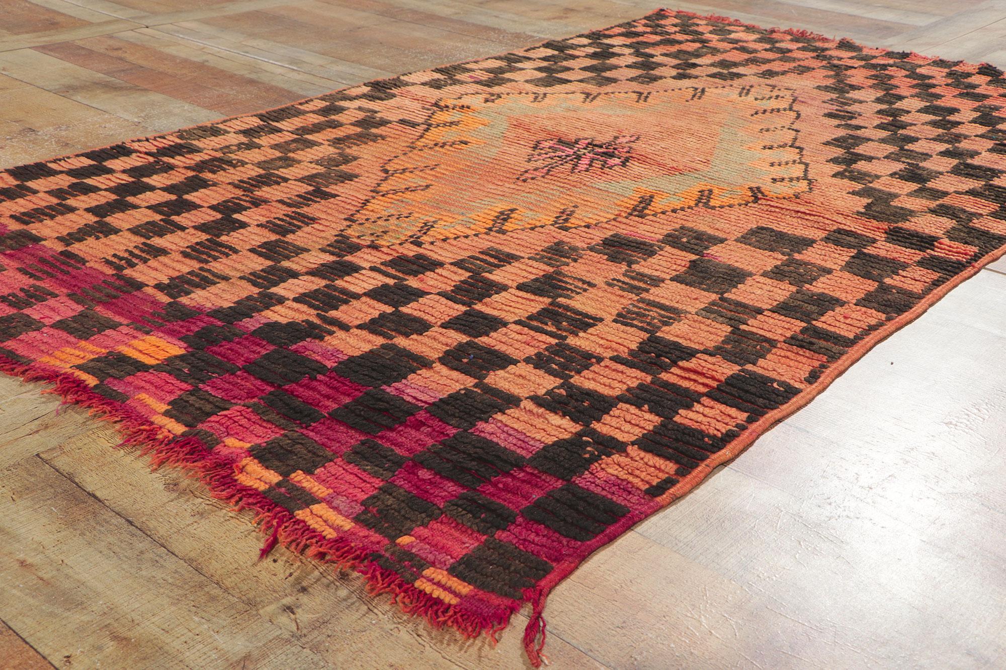 Vintage Orange Boujad Moroccan Rug, Tribal Enchantment Meets Midcentury Elegance For Sale 4