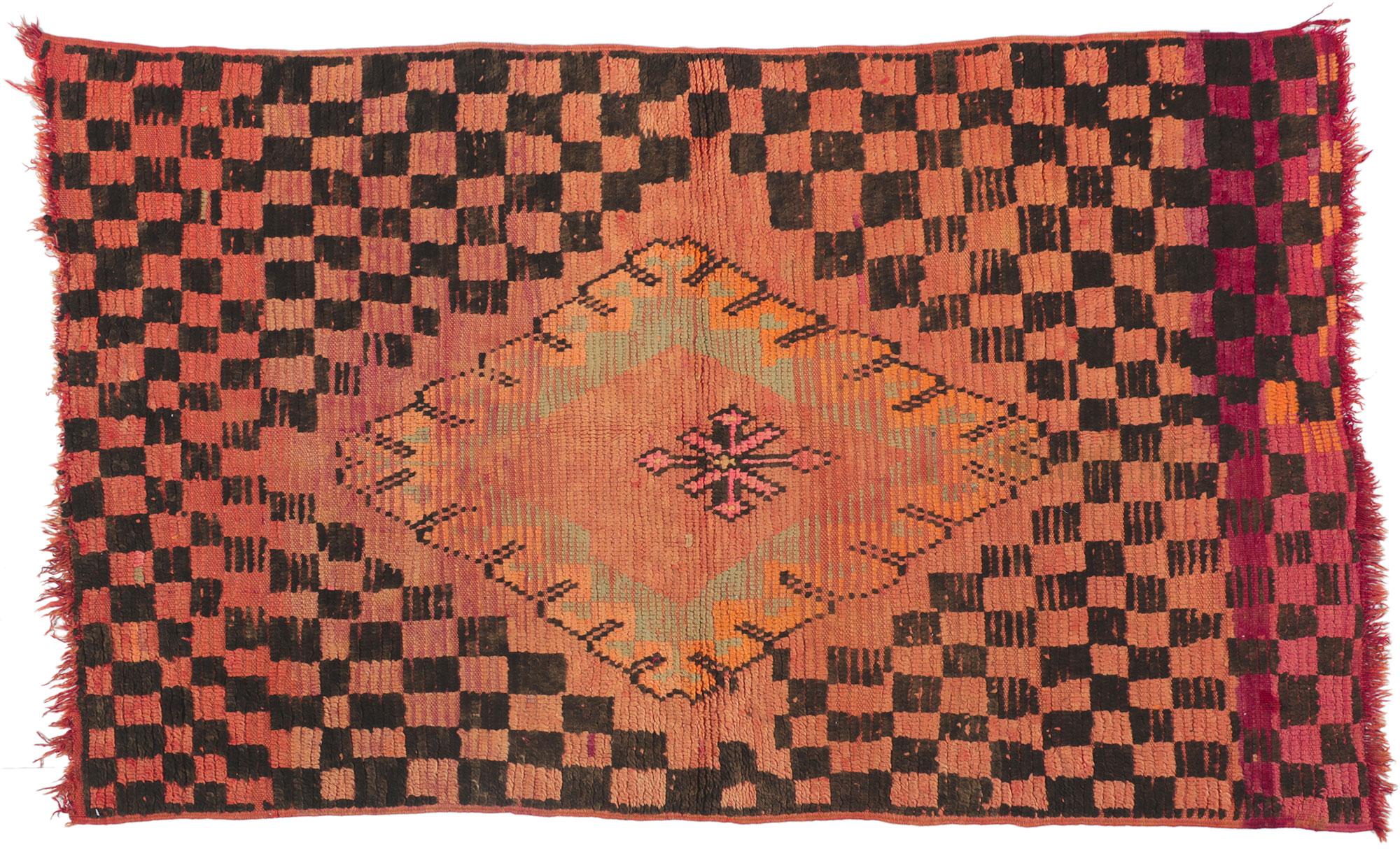 Vintage Orange Boujad Moroccan Rug, Tribal Enchantment Meets Midcentury Elegance For Sale 2