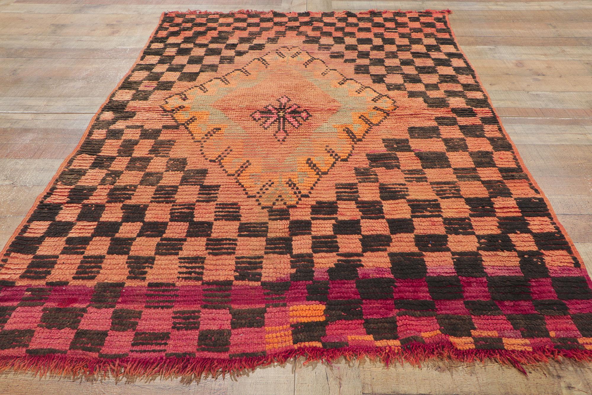 Vintage Orange Boujad Moroccan Rug, Tribal Enchantment Meets Midcentury Elegance For Sale 3