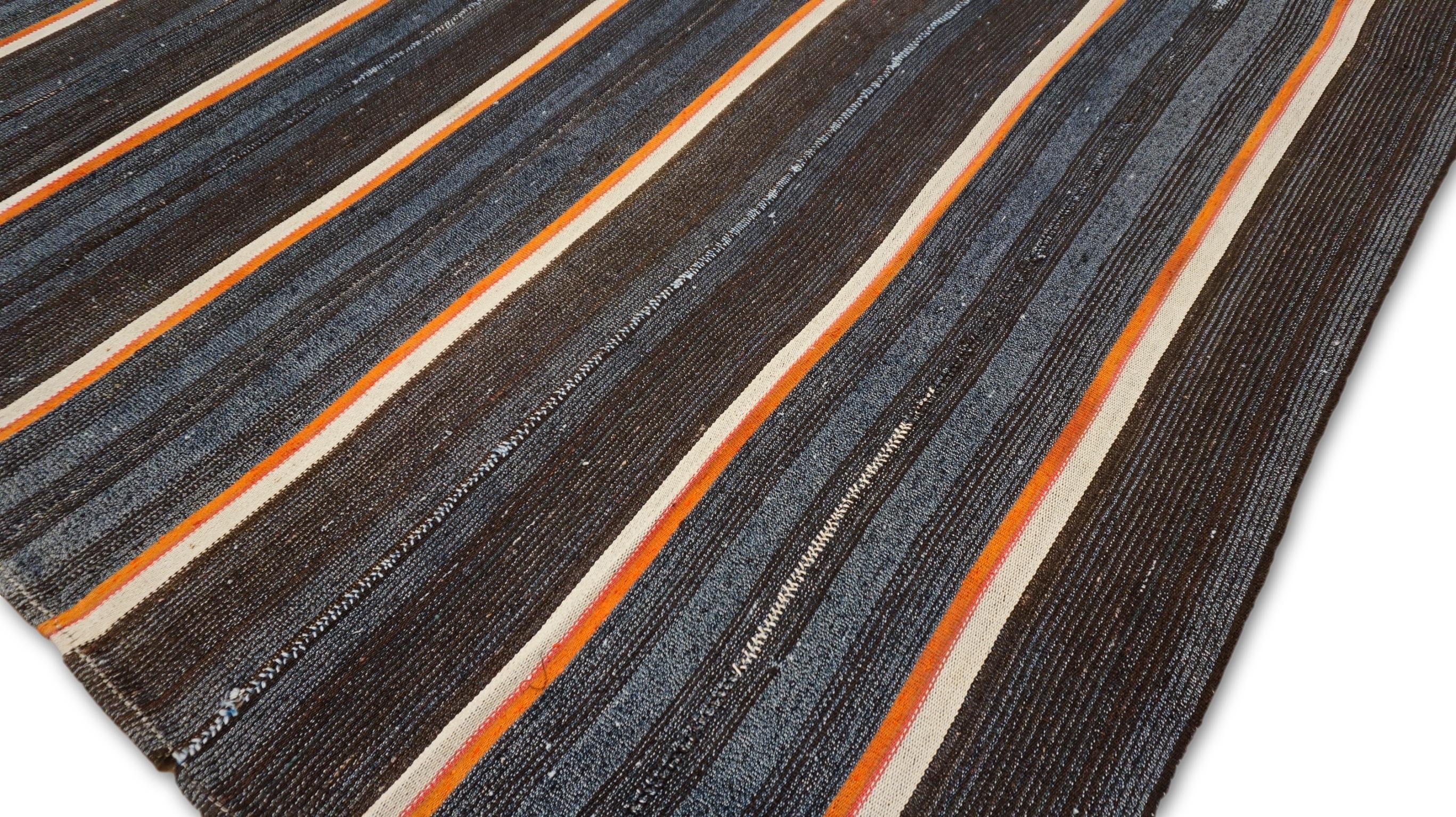 Kilim vintage de lana a rayas naranjas, marrones y azules 7'6''x12'1'' Turco en venta