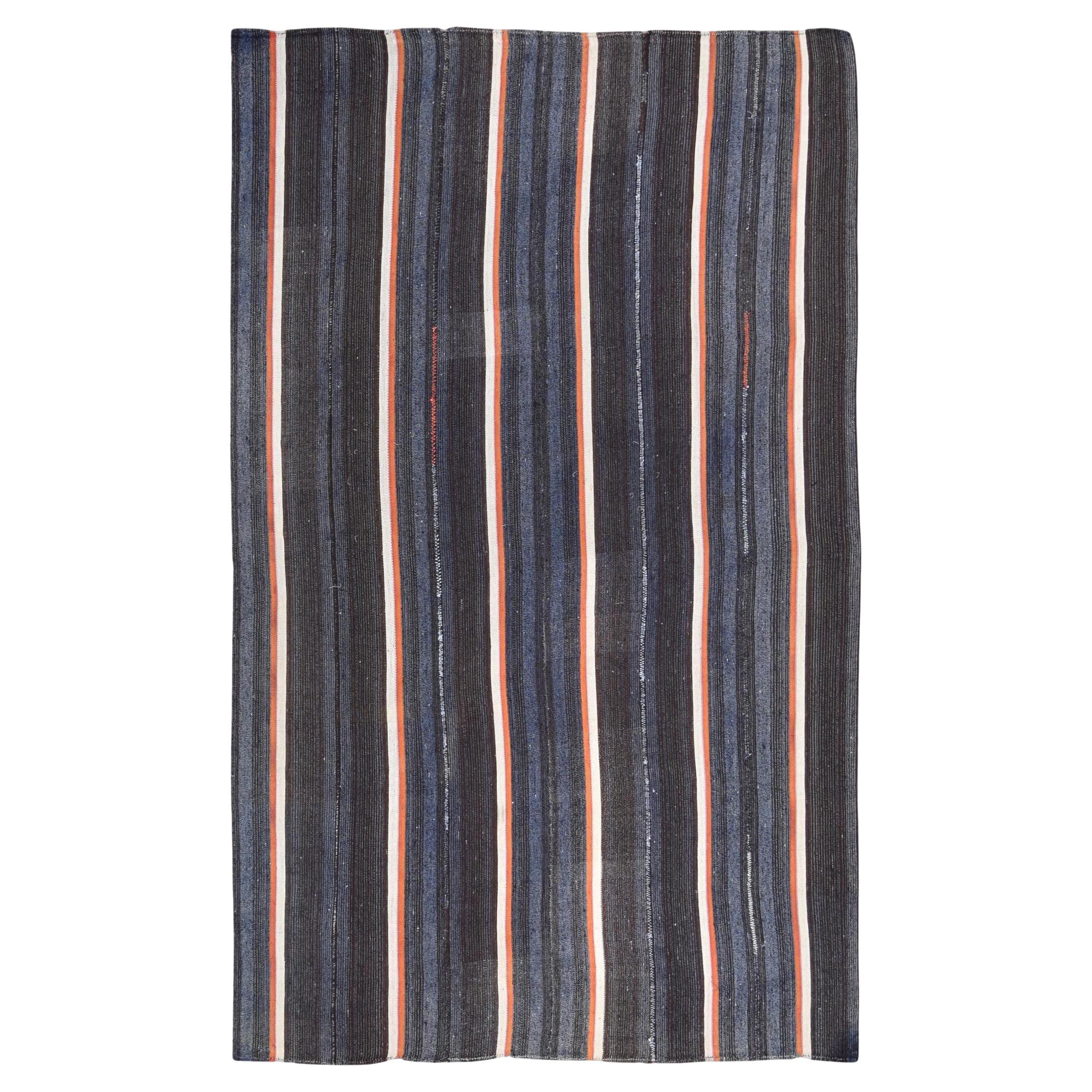 Kilim vintage de lana a rayas naranjas, marrones y azules 7'6''x12'1''