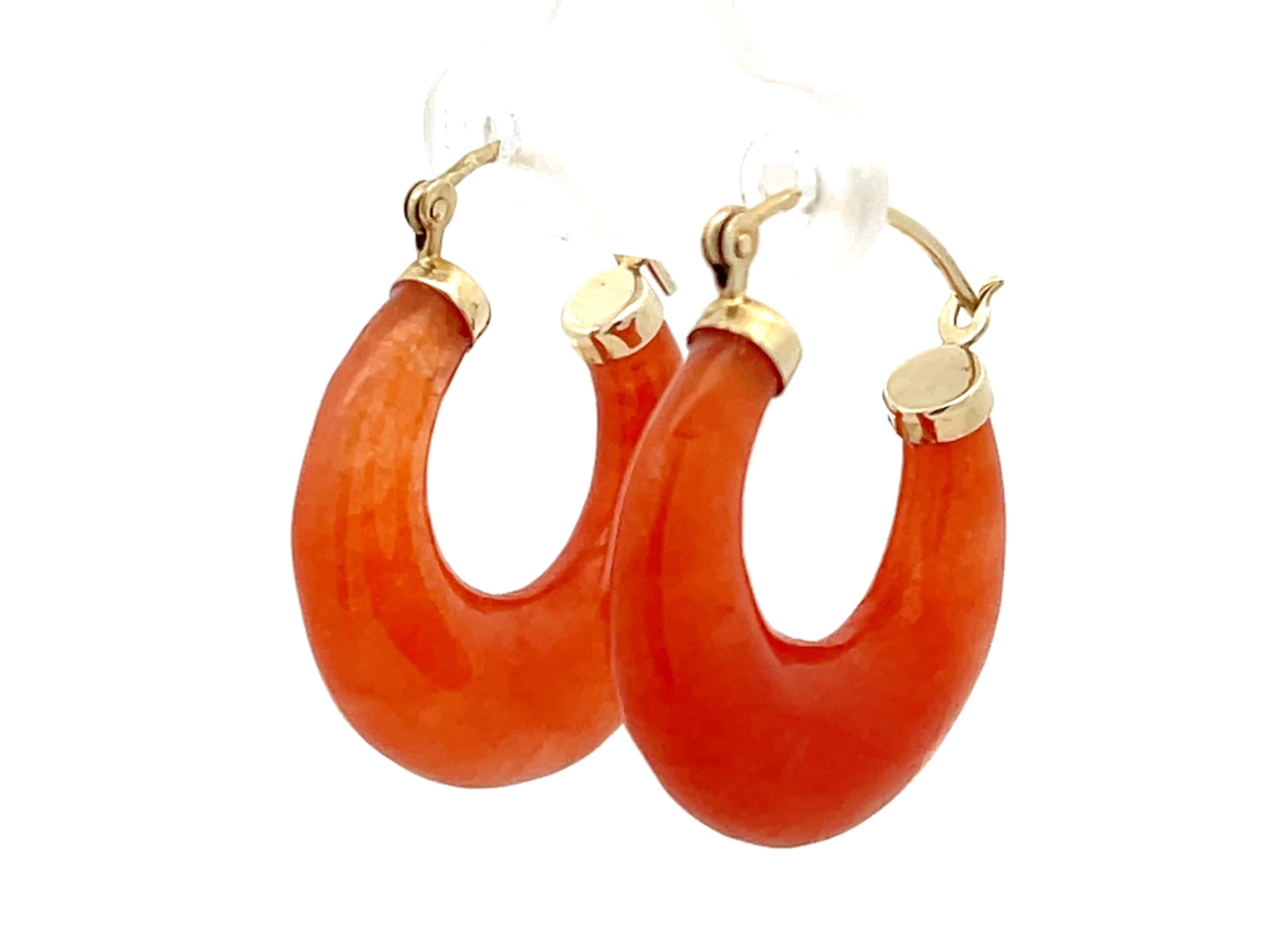 Cabochon Vintage Orange Carnelian Chunky Hoop Earrings 14K Gold For Sale