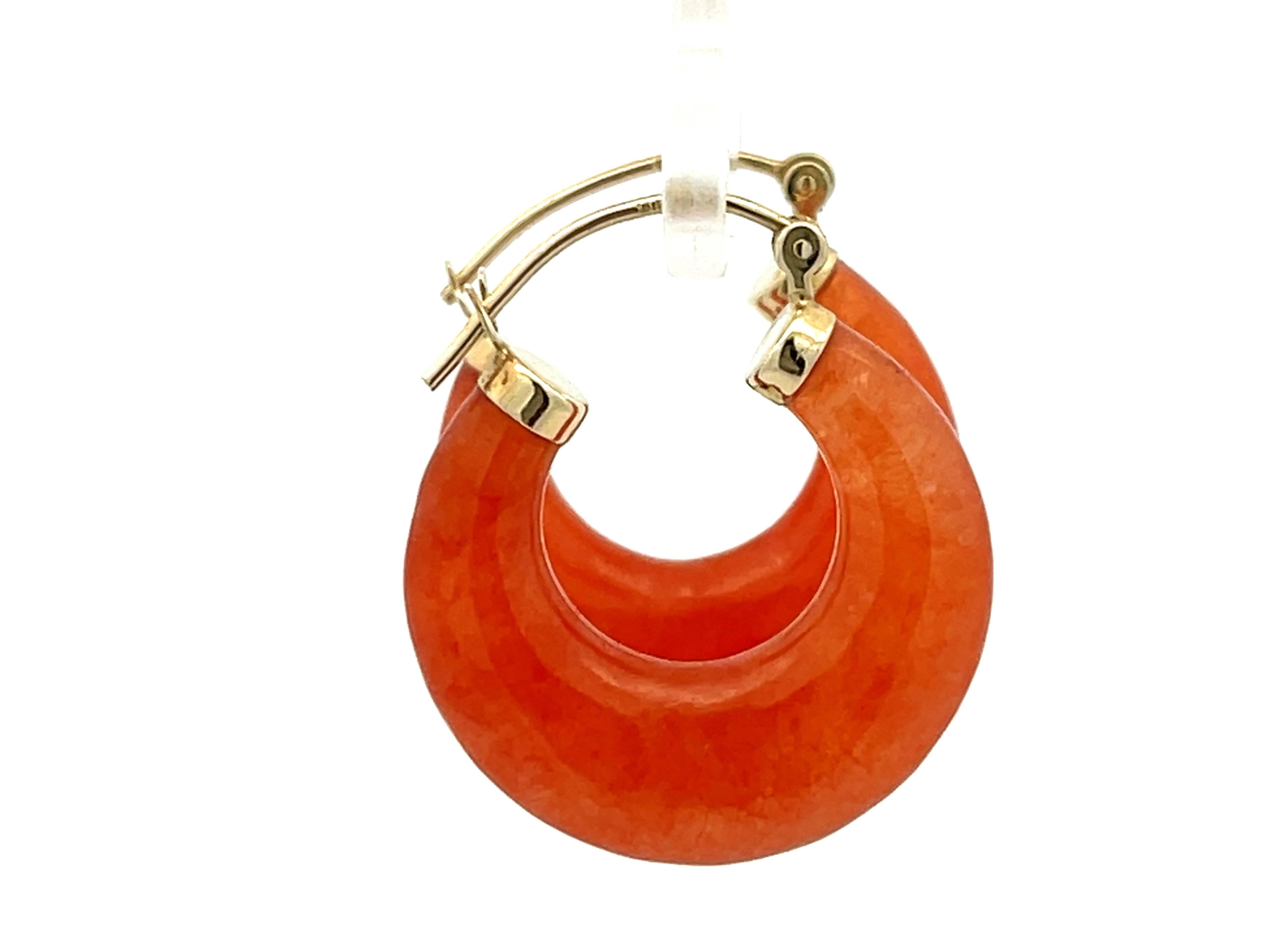 Women's Vintage Orange Carnelian Chunky Hoop Earrings 14K Gold For Sale