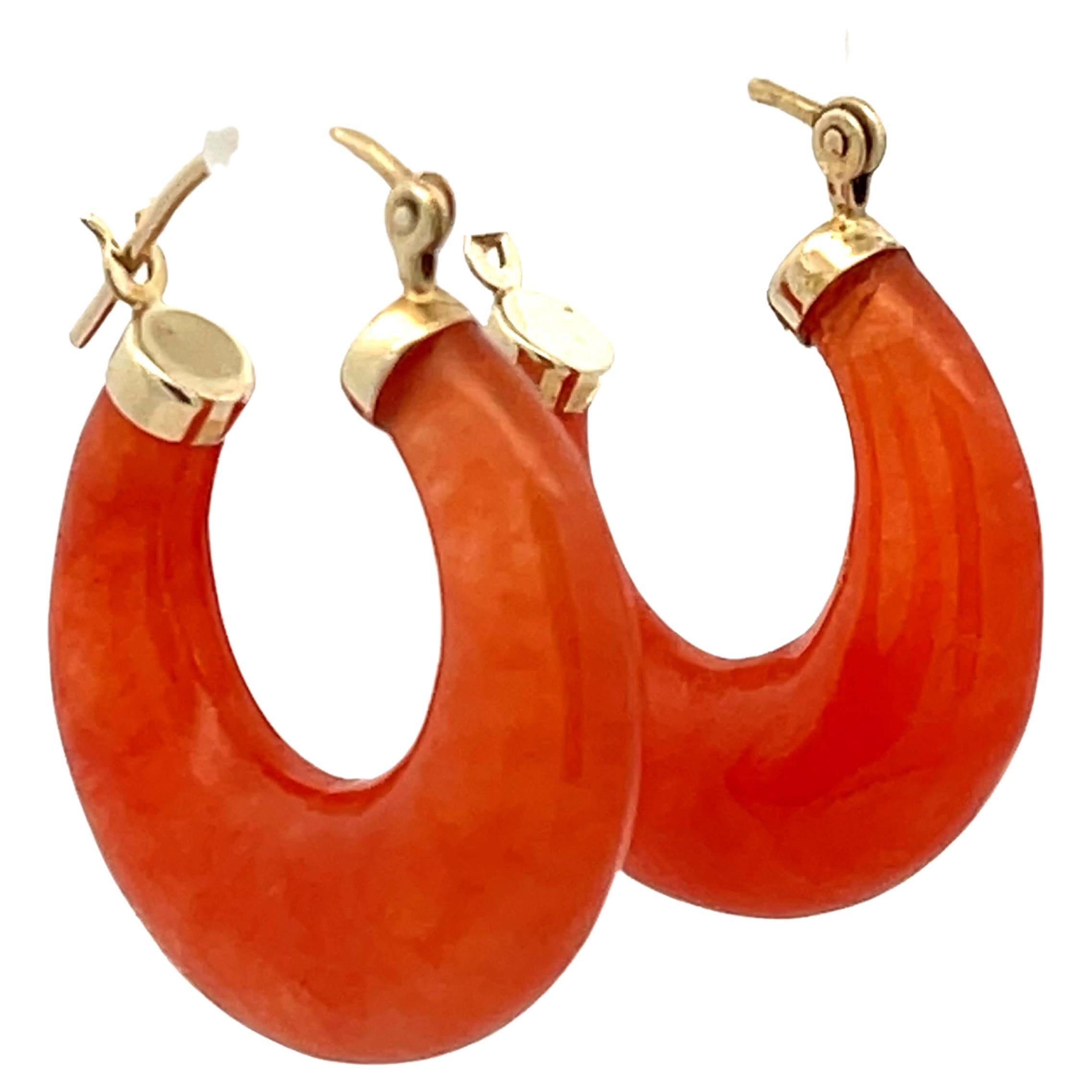 Vintage Orange Carnelian Chunky Hoop Earrings 14K Gold For Sale