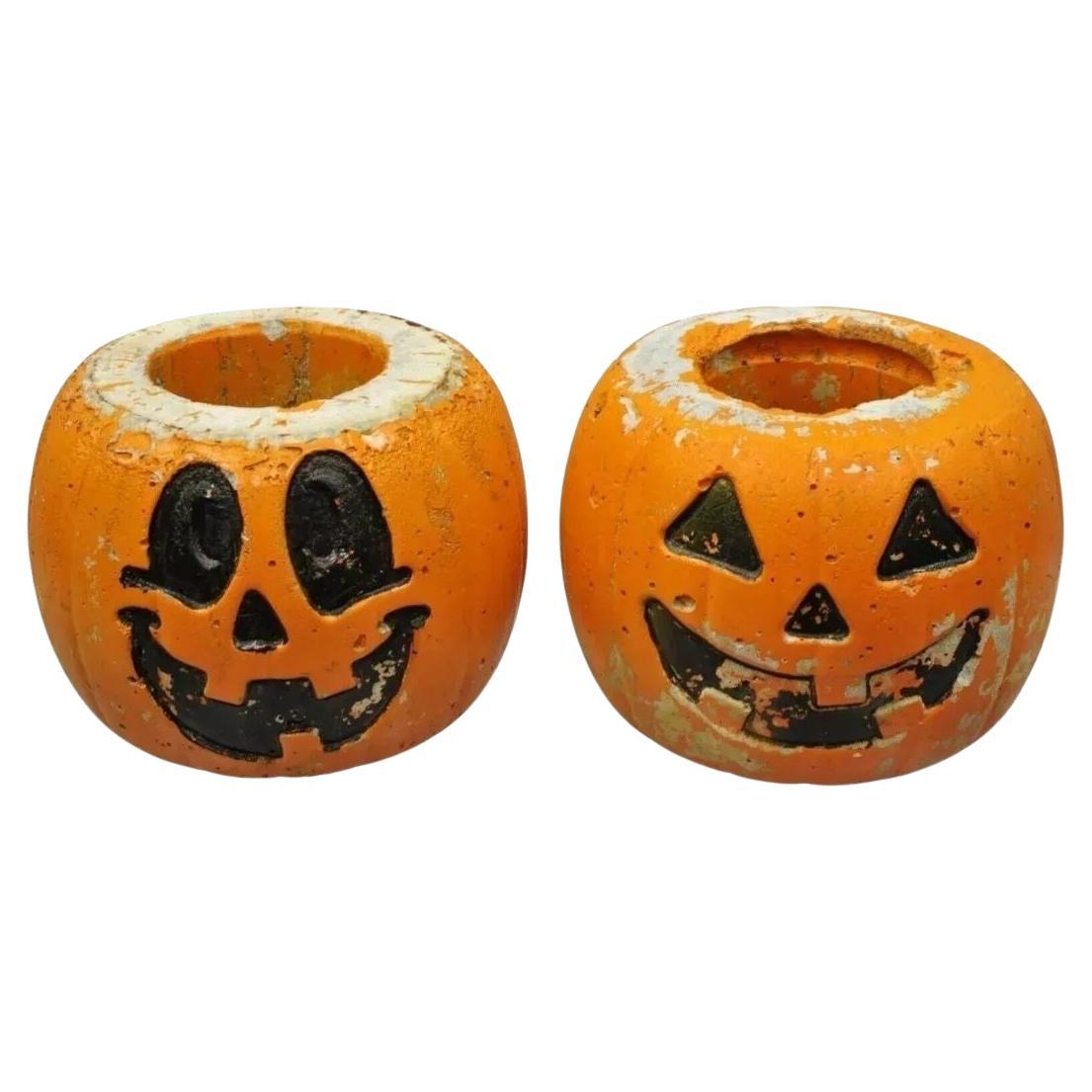 Ciment Orange Vintage 8" Petit Pot de Jardin en Potiron Peint - Paire en vente