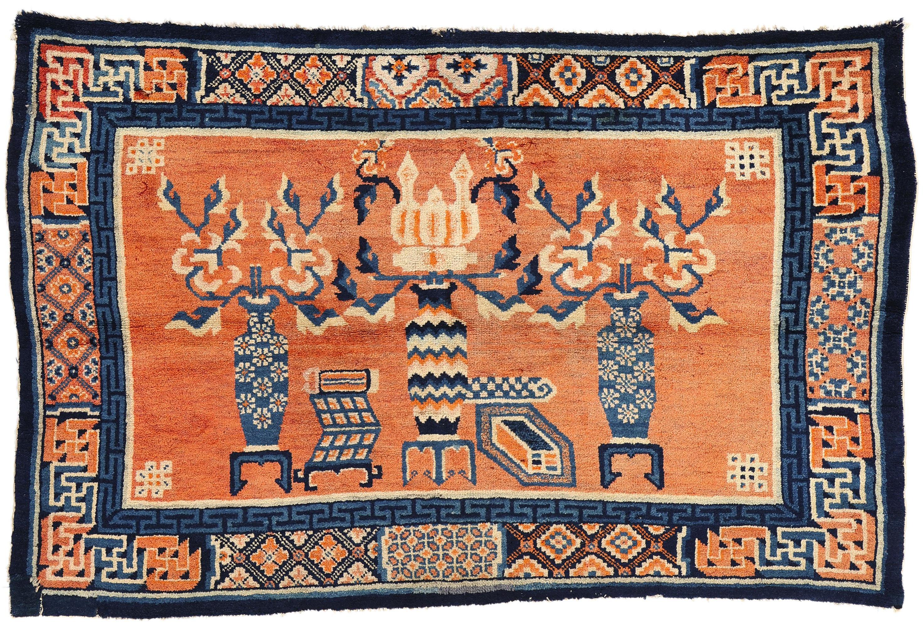 Vintage Orange Chinese Baotou Vase Pictorial Carpet For Sale 3