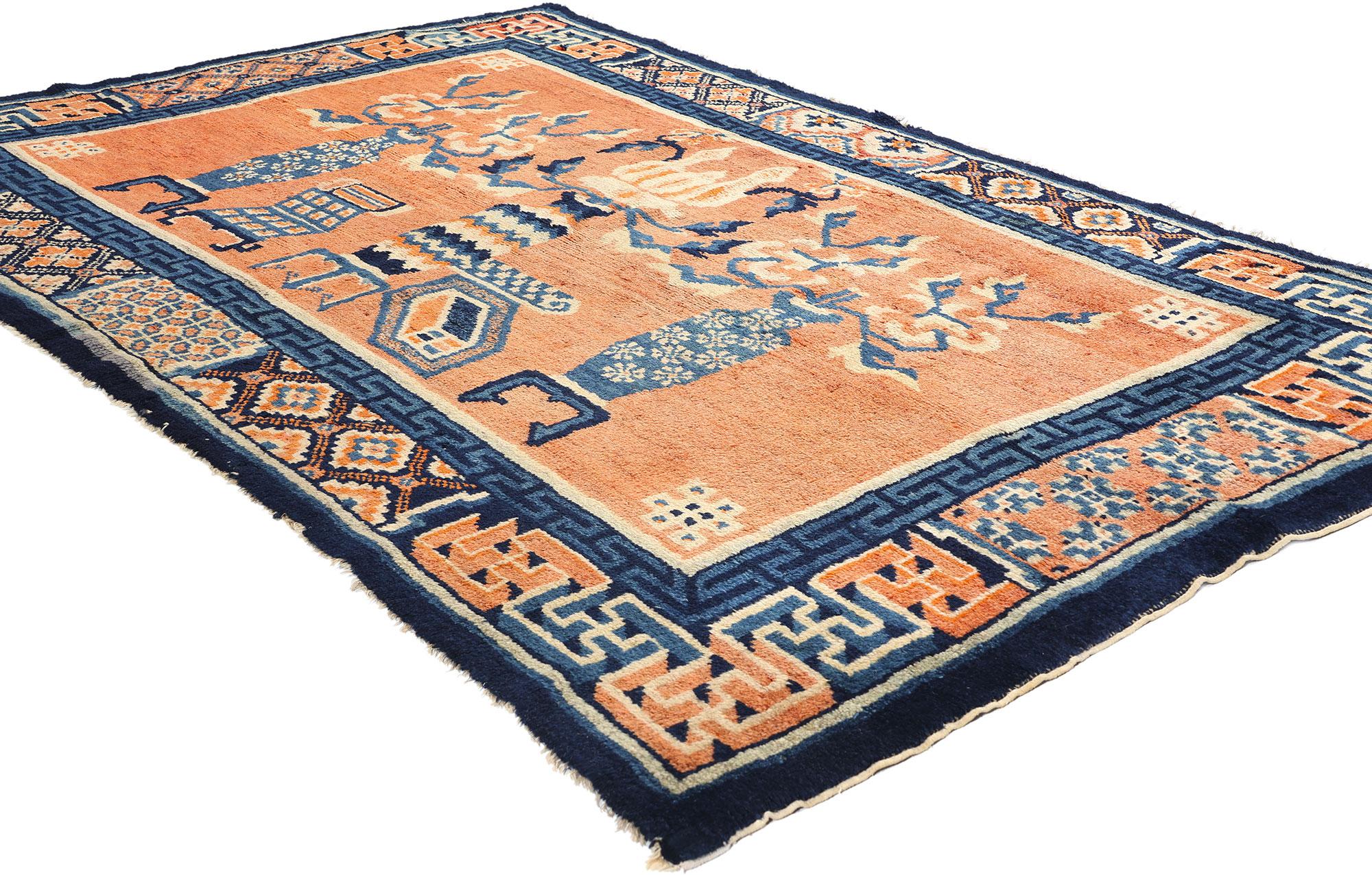 78027 Vintage Orange Chinese Baotou Vase Pictorial Rug, 04'03 x 06'08. Chinese Pictorial Baotou rugs, hailing from Baotou in Inner Mongolia, China, are celebrated for their elaborate designs and narrative richness. Crafted through age-old techniques