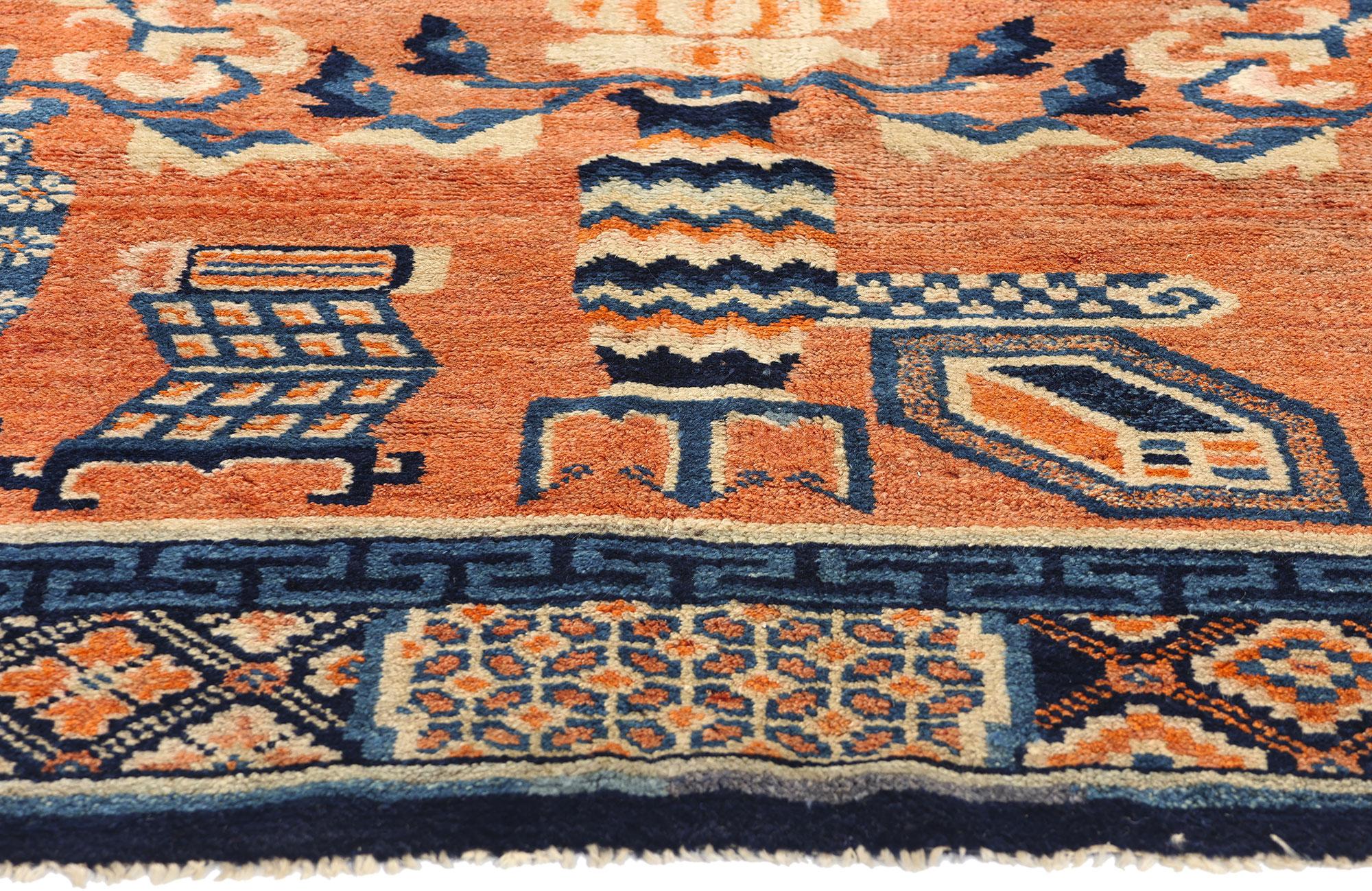 Hand-Woven Vintage Orange Chinese Baotou Vase Pictorial Carpet For Sale