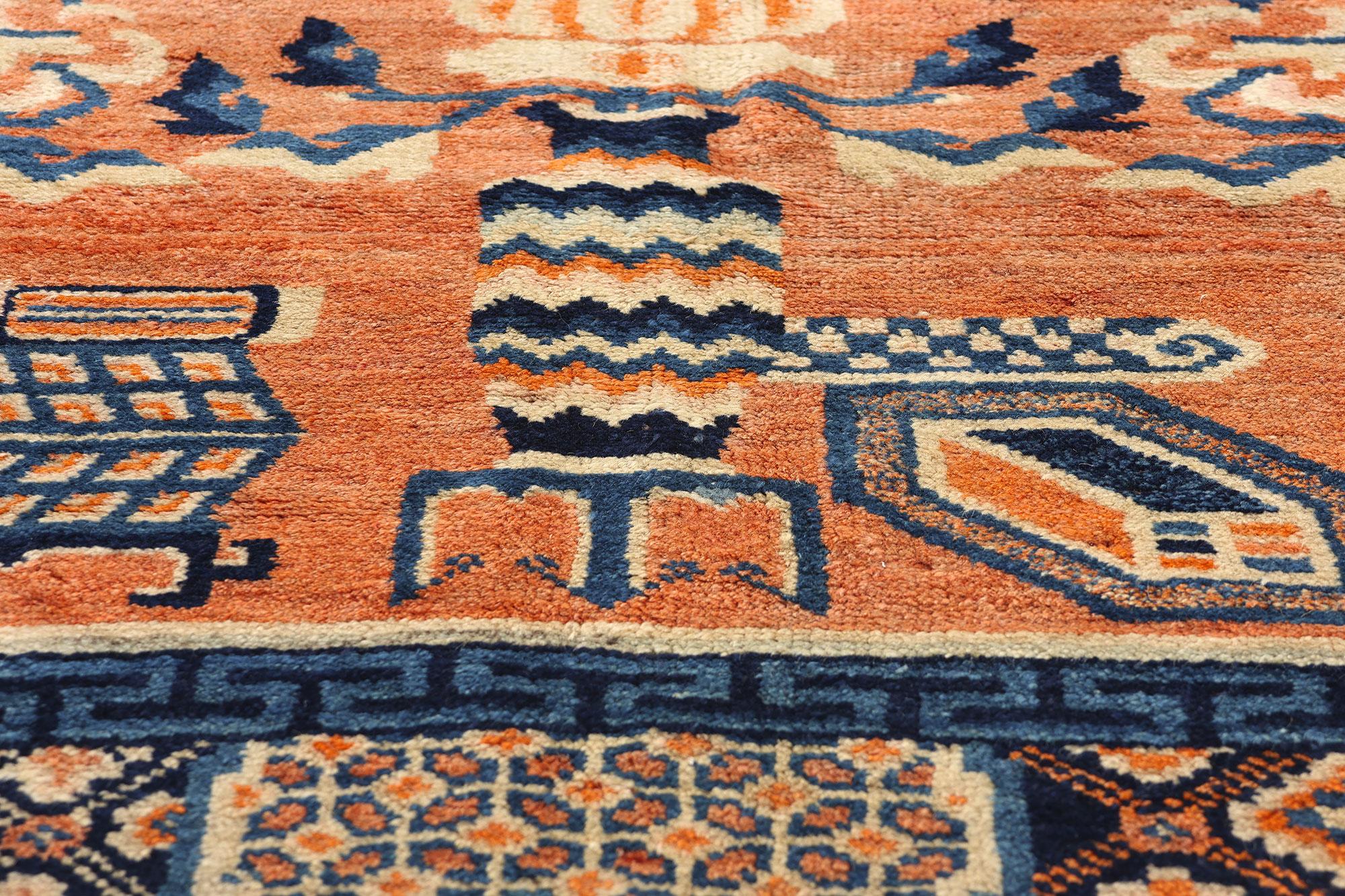 Vintage Orange Chinese Baotou Vase Pictorial Carpet In Good Condition For Sale In Dallas, TX